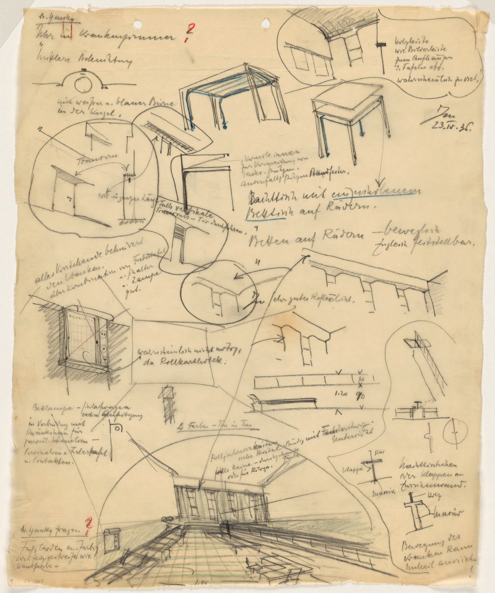 Erich Mendelsohn. Hadassah University Medical Center, Mount Scopus, Jerusalem, Interior perspective and details of furniture