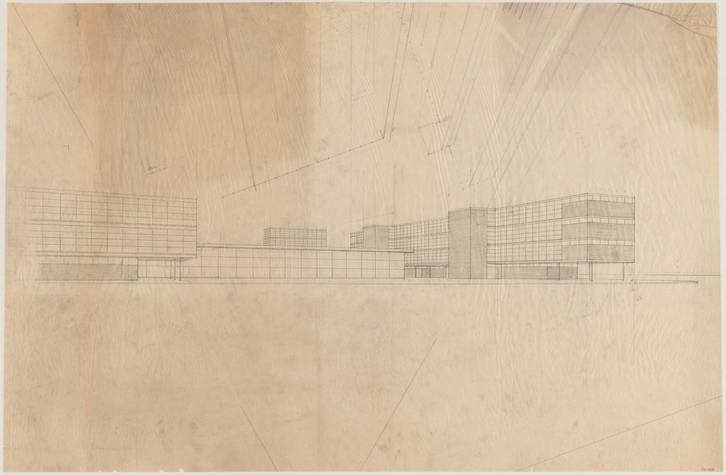IIT Master Plan, Chicago, Illinois, Exterior perspective, library and administration building and classroom building, early scheme