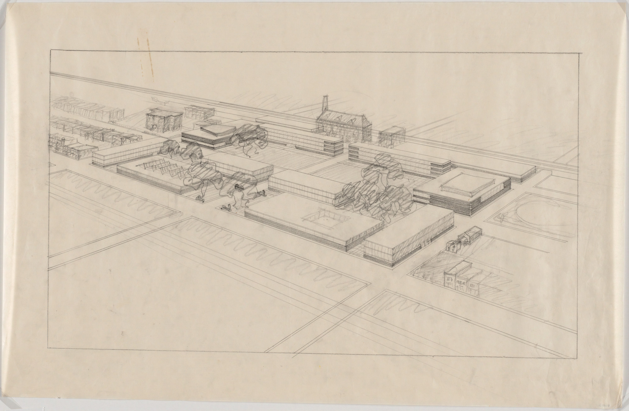 Ludwig Mies van der Rohe. IIT Master Plan, Chicago, Illinois, Aerial perspective for final scheme, including the Armour Institute and surrounding buildings. c. 1940-41