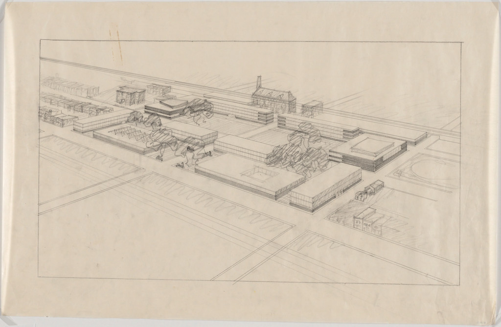 IIT Master Plan, Chicago, Illinois, Aerial perspective for final scheme, including the Armour Institute and surrounding buildings