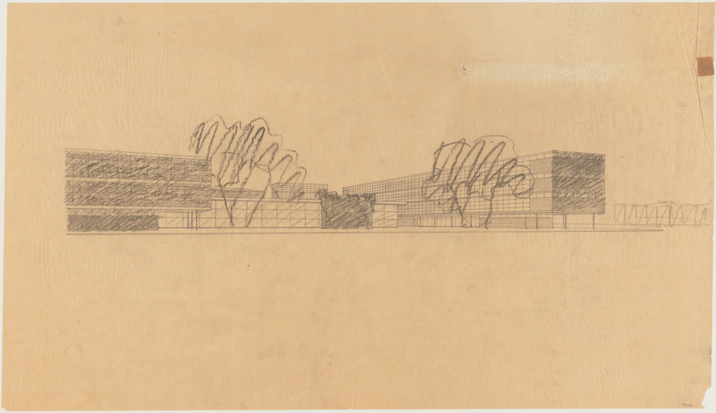 IIT Master Plan, Chicago, Illinois, Exterior perspective, library and administration building and classroom building