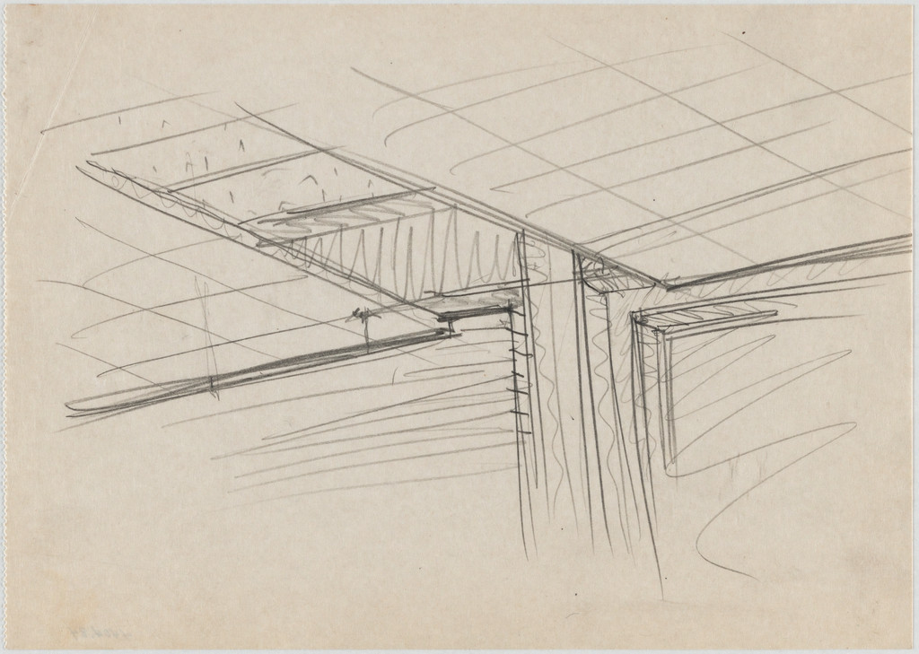 IIT Library and Administration Building, Chicago, Illinois, Two perspectives, ceiling and coffer detail, sketch