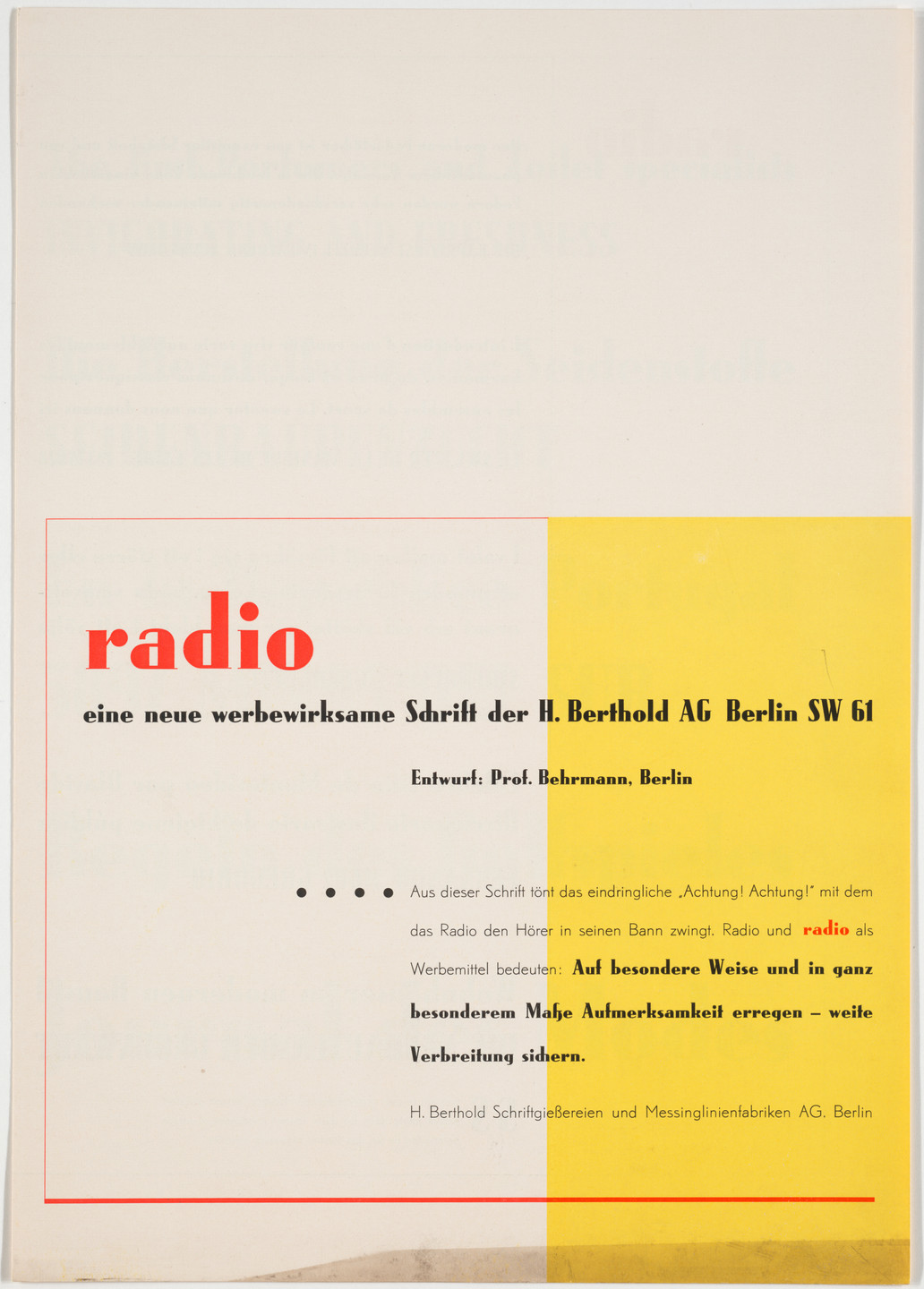 Georg Trump. Radio: Eine neue werbewirksame Schrift der H. Berthold AG Berlin. c. 1931