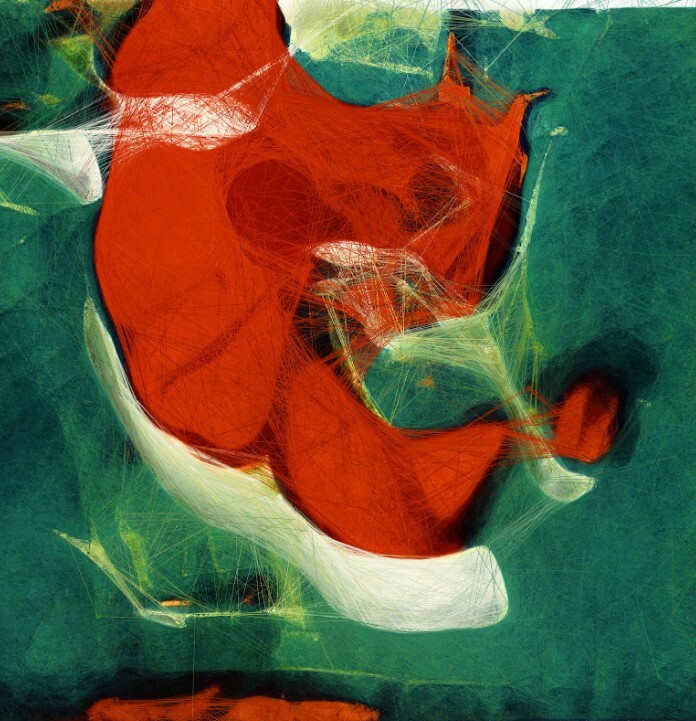 The image features a dominant red shape with intricate white and green lines against a predominantly teal background. Small patches of yellow and white are scattered throughout the composition. This is an AI generated description. To give feedback, email ai@moma.org.