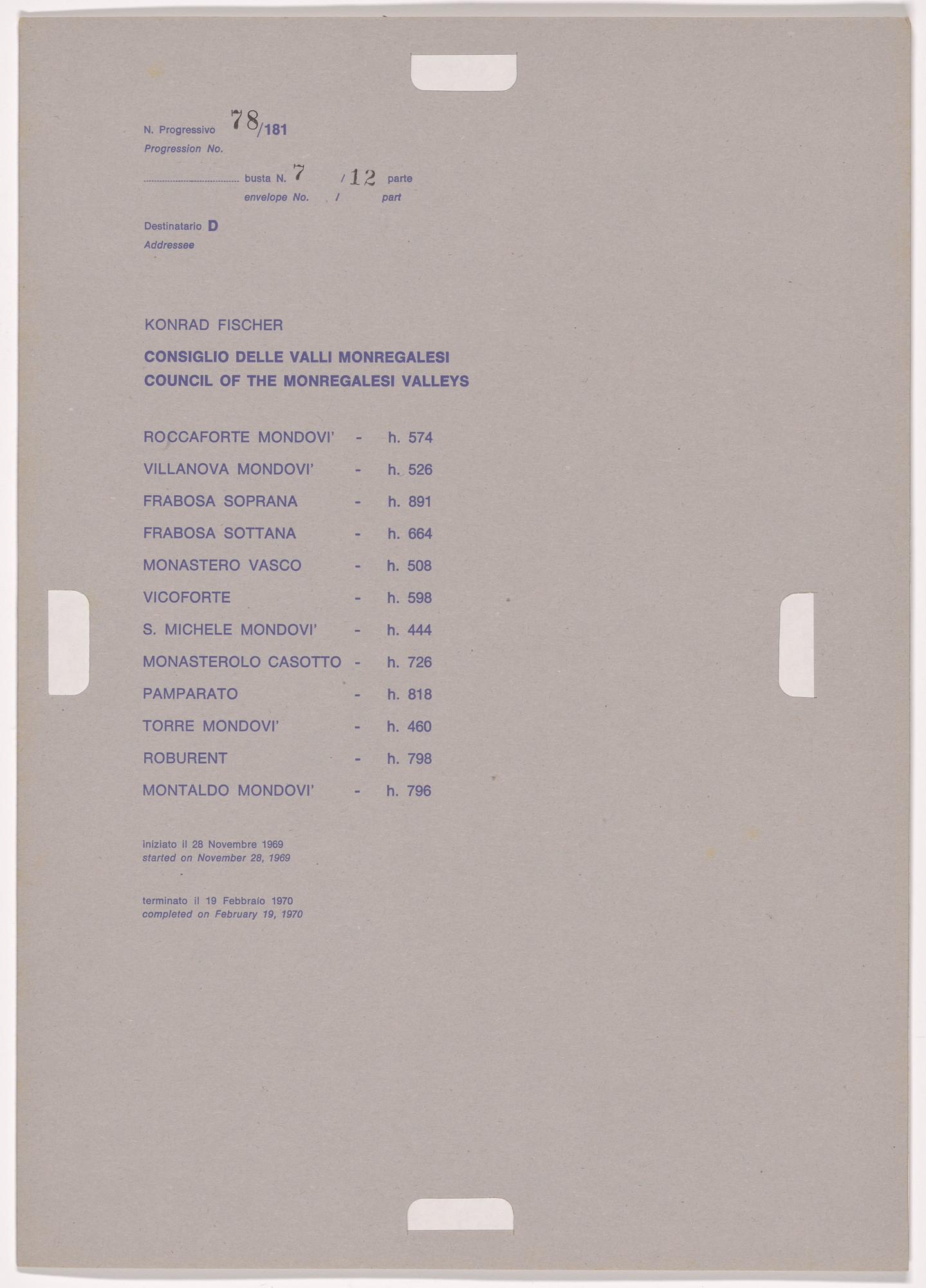 Alighiero Boetti. Progression No. 78 from Postal Dossier (Dossier postale)