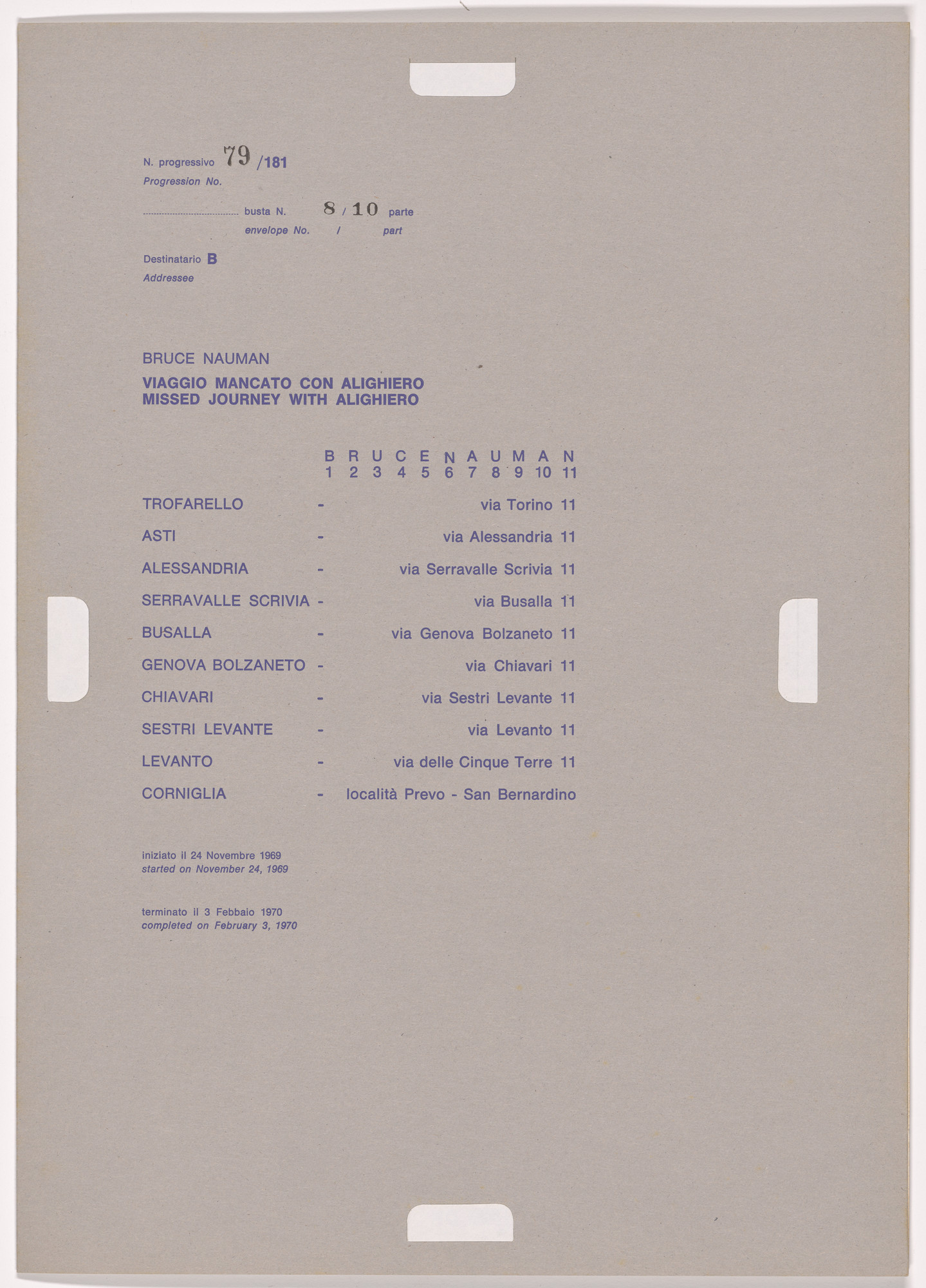 Alighiero Boetti. Progression No. 79 from Postal Dossier (Dossier postale)