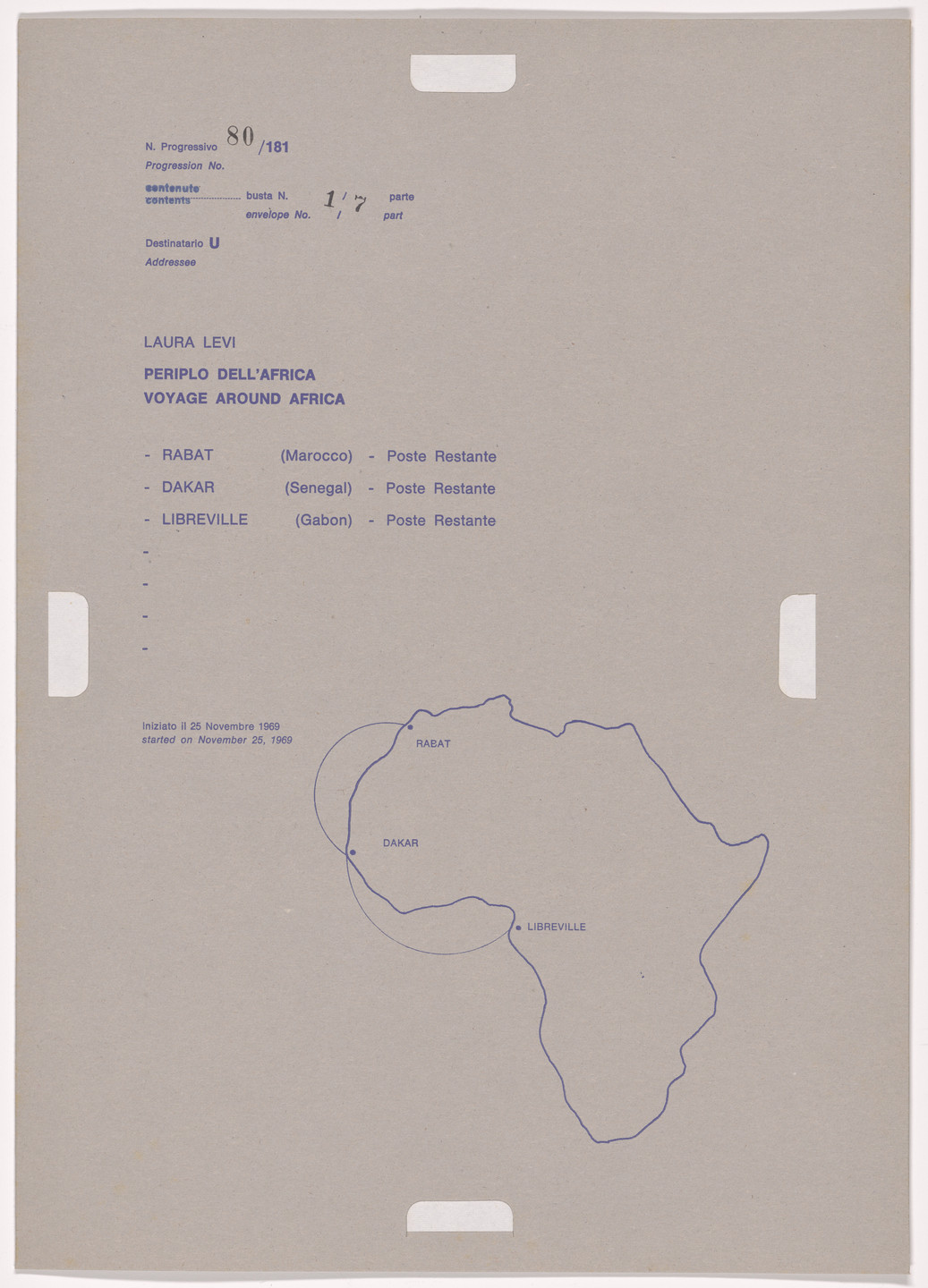 Alighiero Boetti. Progression No. 80 from Postal Dossier (Dossier postale). 1969-70