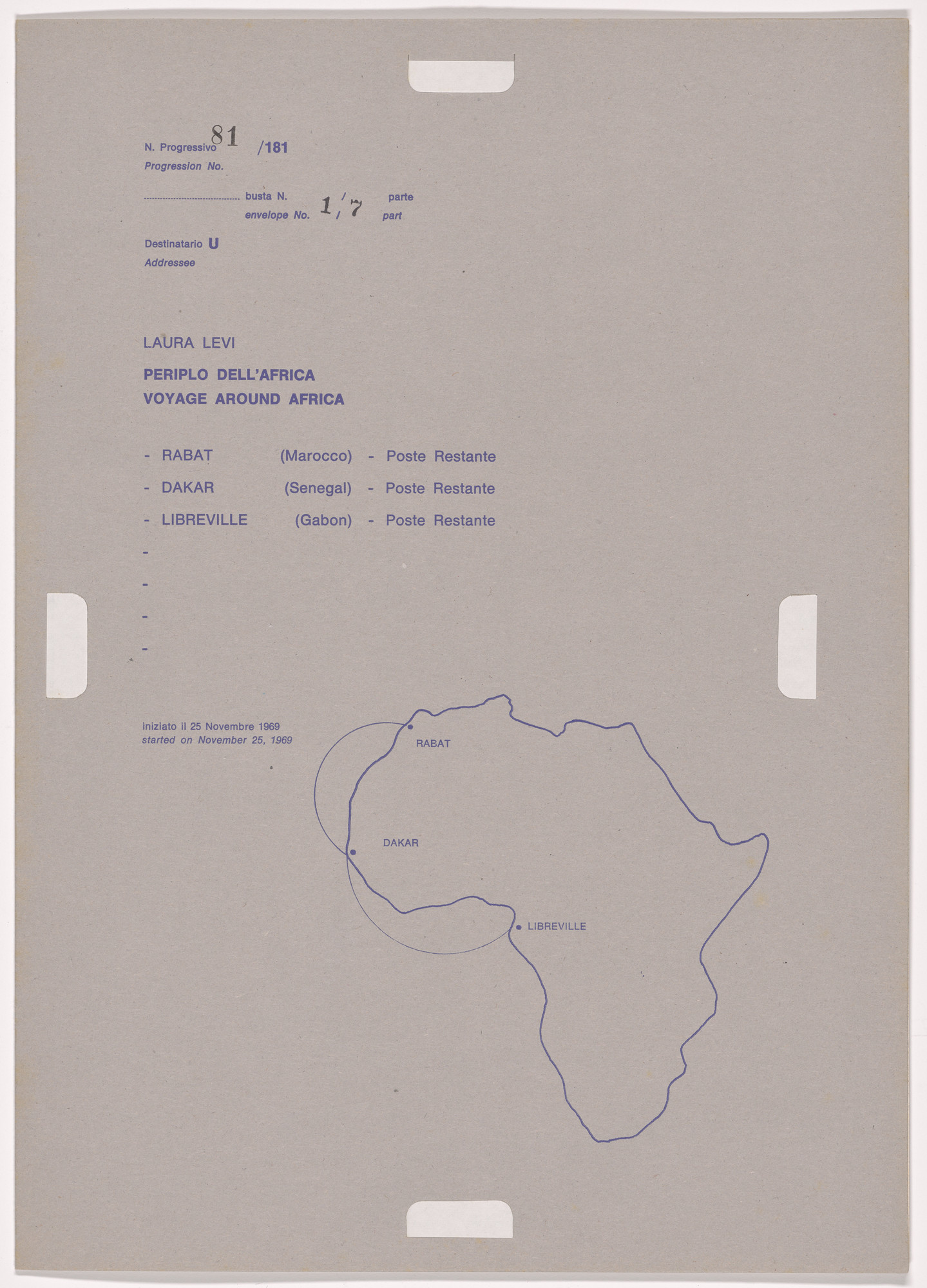 Alighiero Boetti. Progression No. 81 from Postal Dossier (Dossier postale)