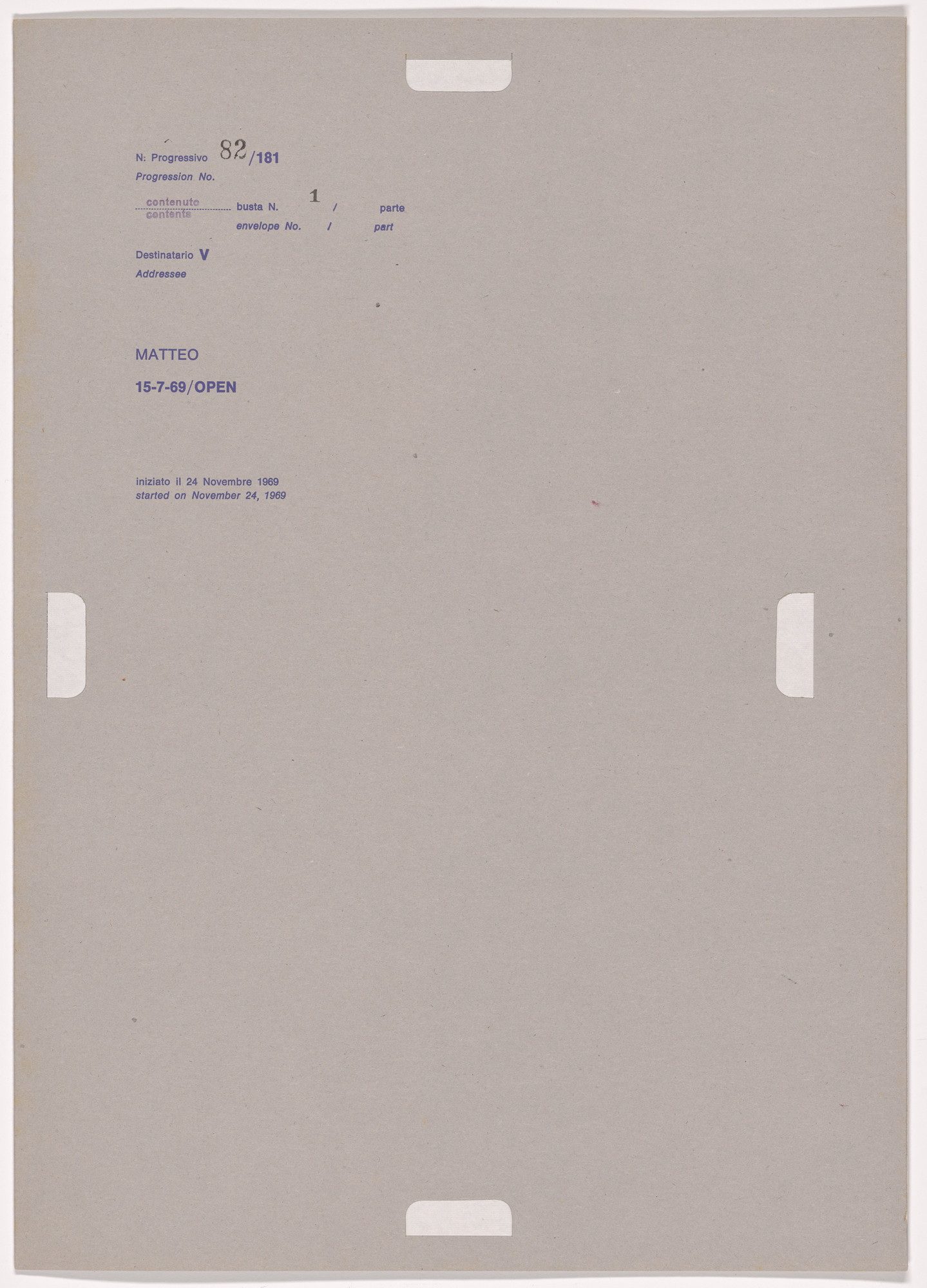 Alighiero Boetti. Progression No. 82 from Postal Dossier (Dossier postale)