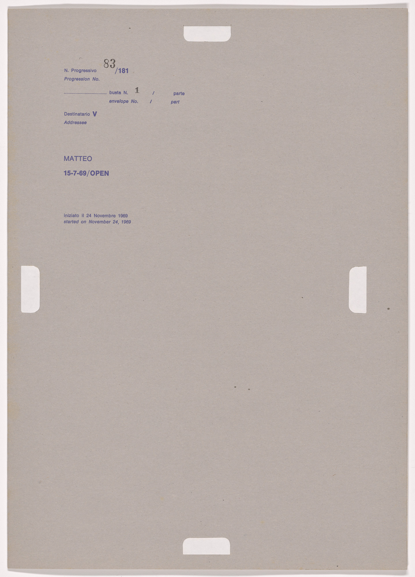 Alighiero Boetti. Progression No. 83 from Postal Dossier (Dossier postale)
