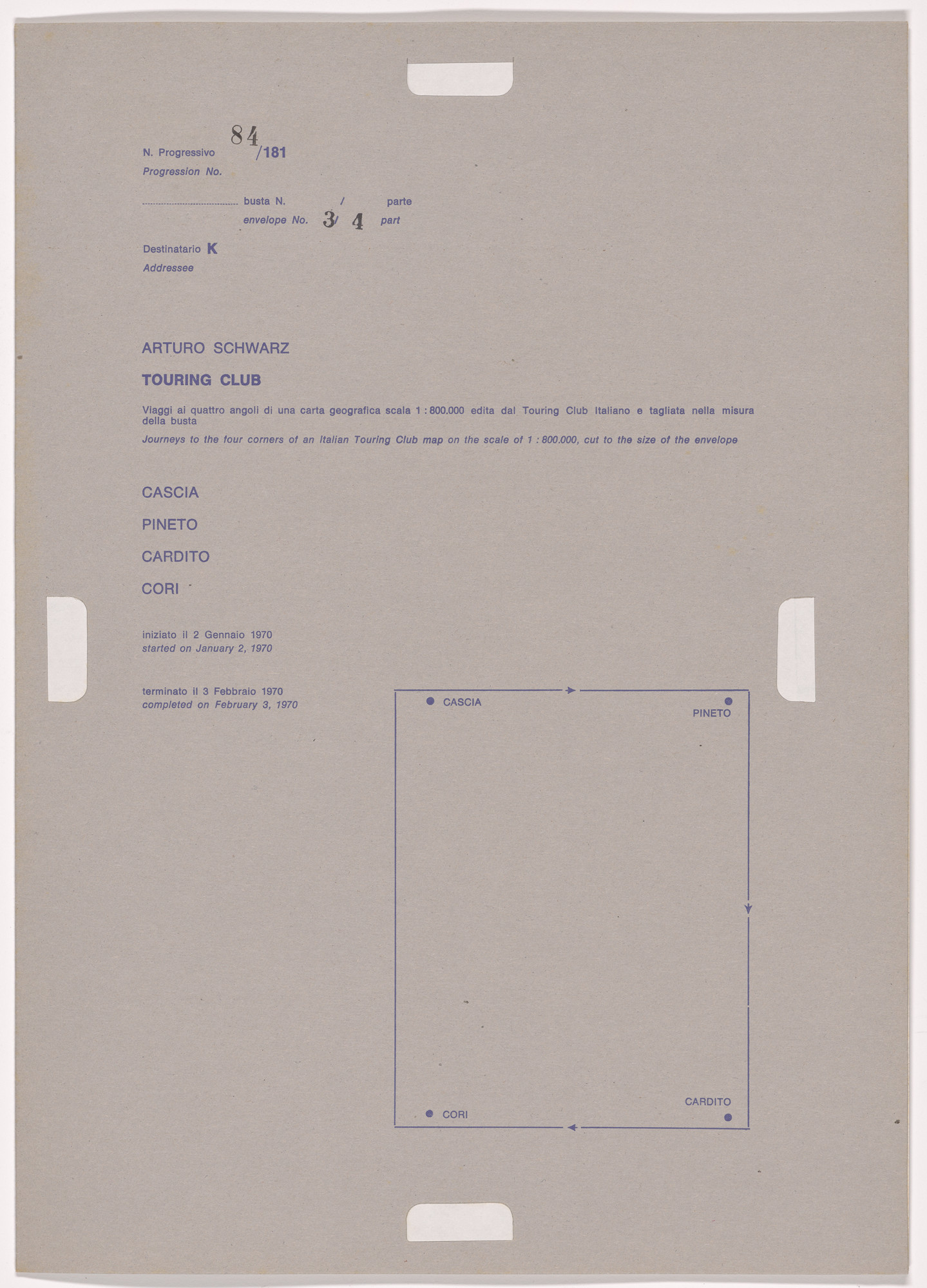 Alighiero Boetti. Progression No. 84 from Postal Dossier (Dossier postale)