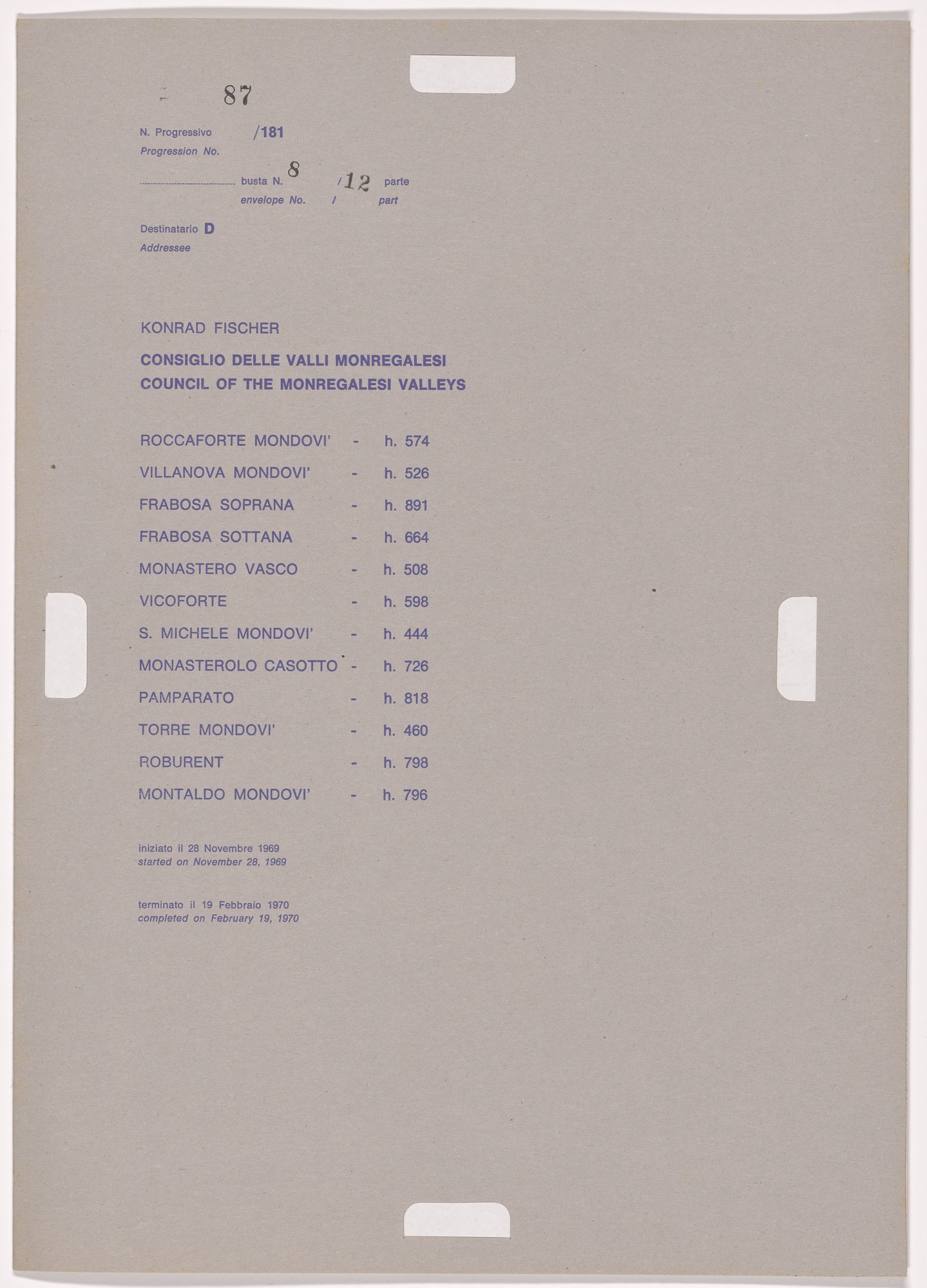 Alighiero Boetti. Progression No. 87 from Postal Dossier (Dossier postale)