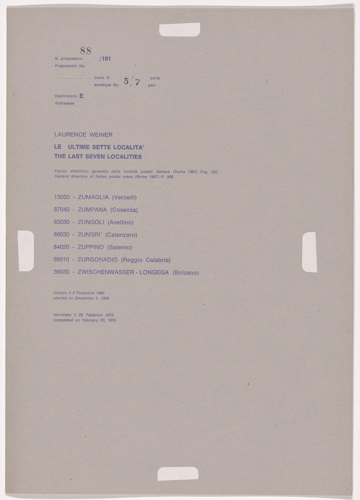 Alighiero Boetti. Progression No. 88 from Postal Dossier (Dossier postale)