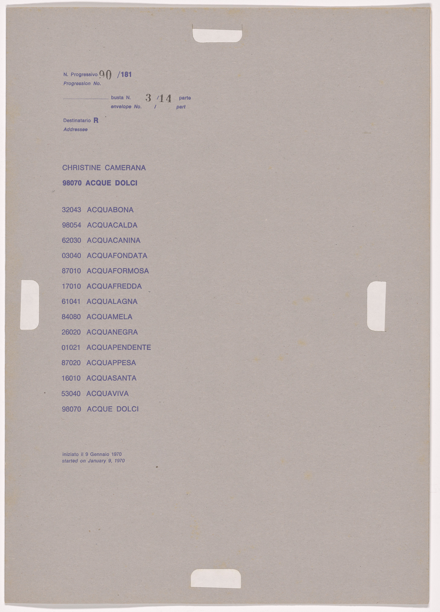 Alighiero Boetti. Progression No. 90 from Postal Dossier (Dossier postale)