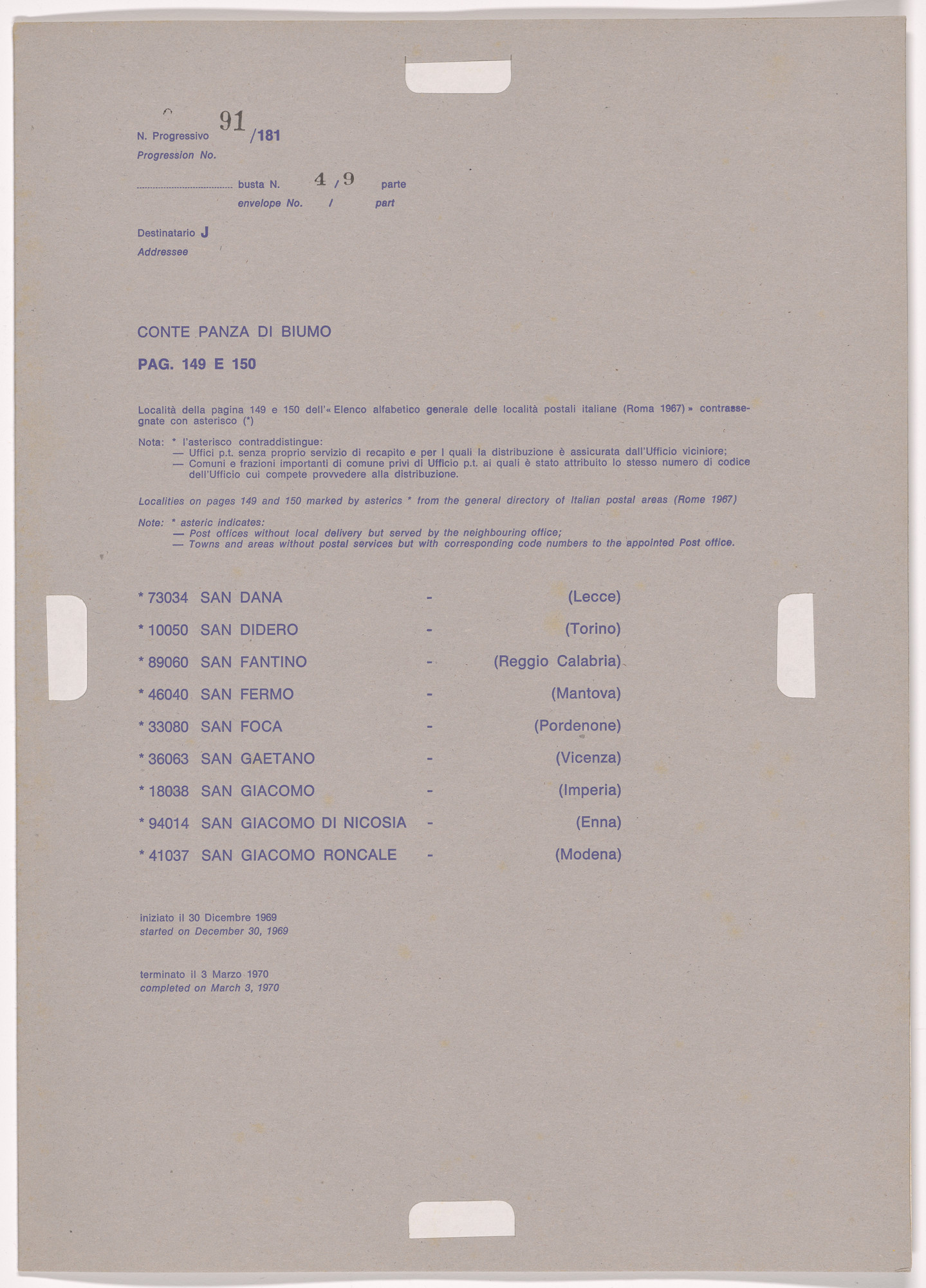 Alighiero Boetti. Progression No. 91 from Postal Dossier (Dossier postale)