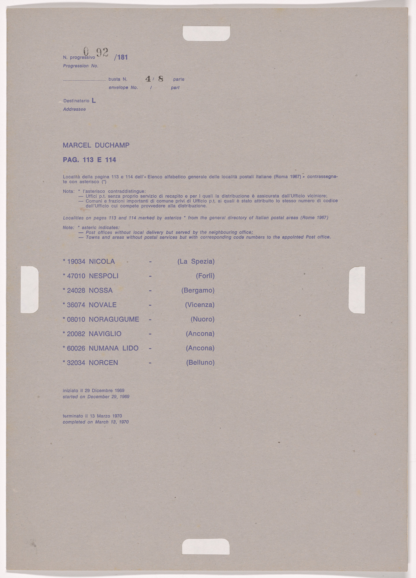 Alighiero Boetti. Progression No. 92 from Postal Dossier (Dossier postale)