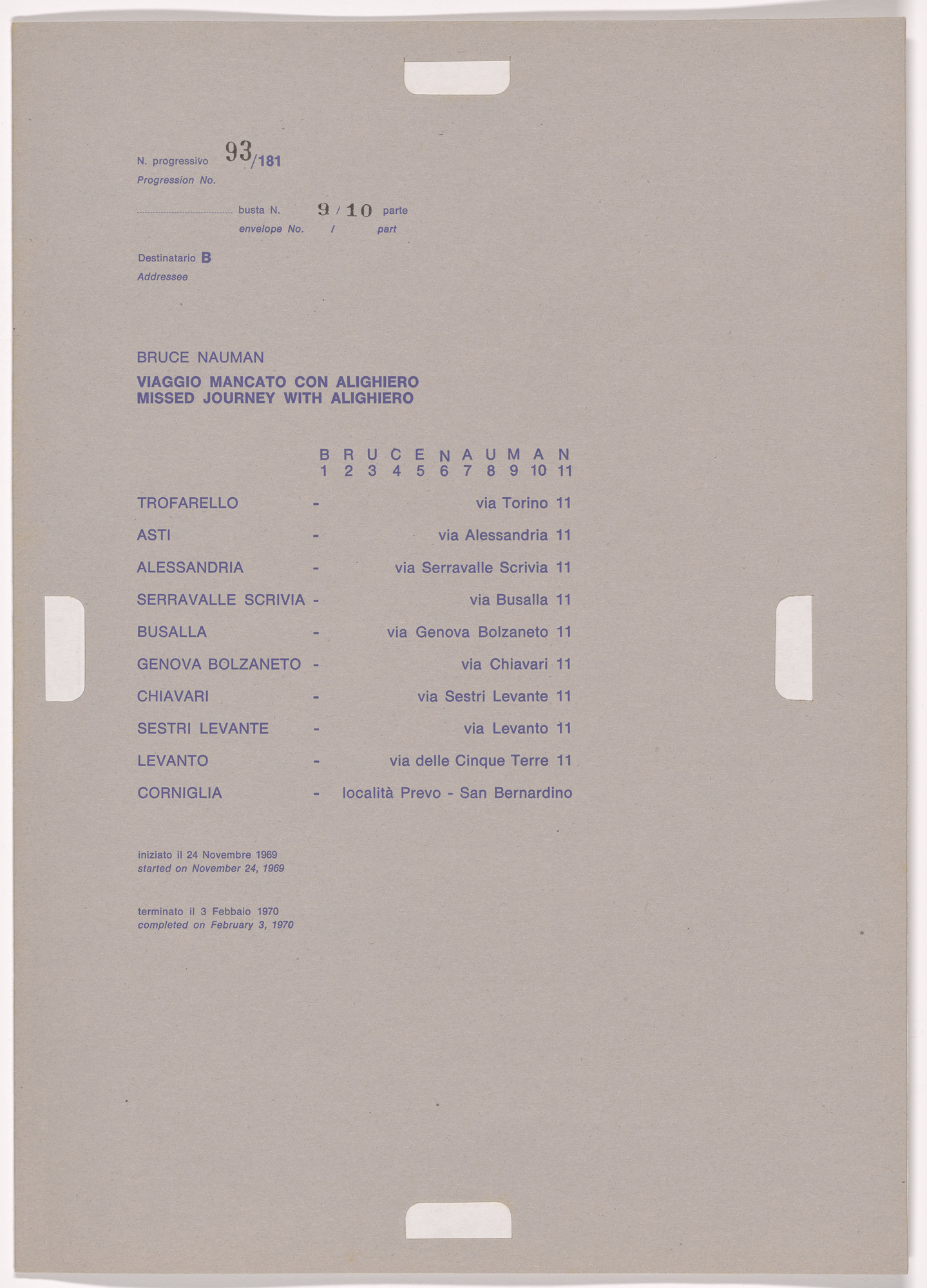 Alighiero Boetti. Progression No. 93 from Postal Dossier (Dossier postale)