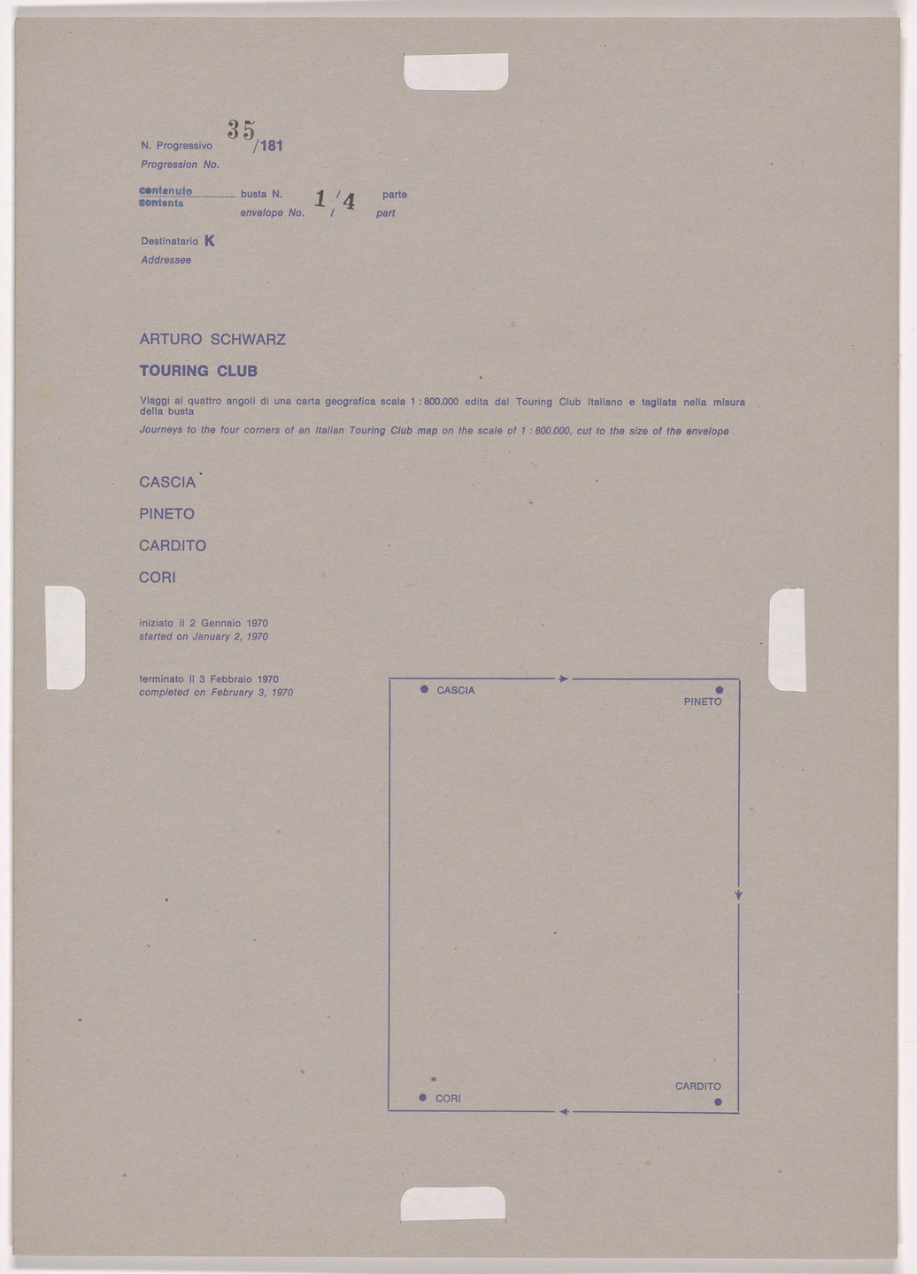 Alighiero Boetti. Progression No. 35 from Postal Dossier (Dossier postale). 1969-70