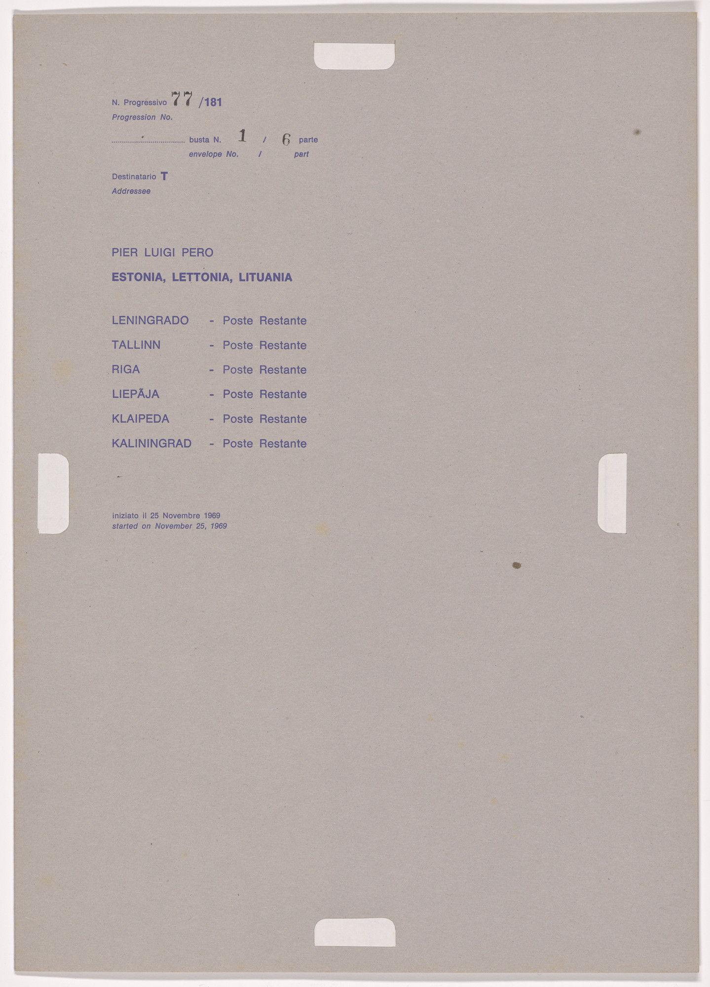 Alighiero Boetti. Progression No. 77 from Postal Dossier (Dossier postale)