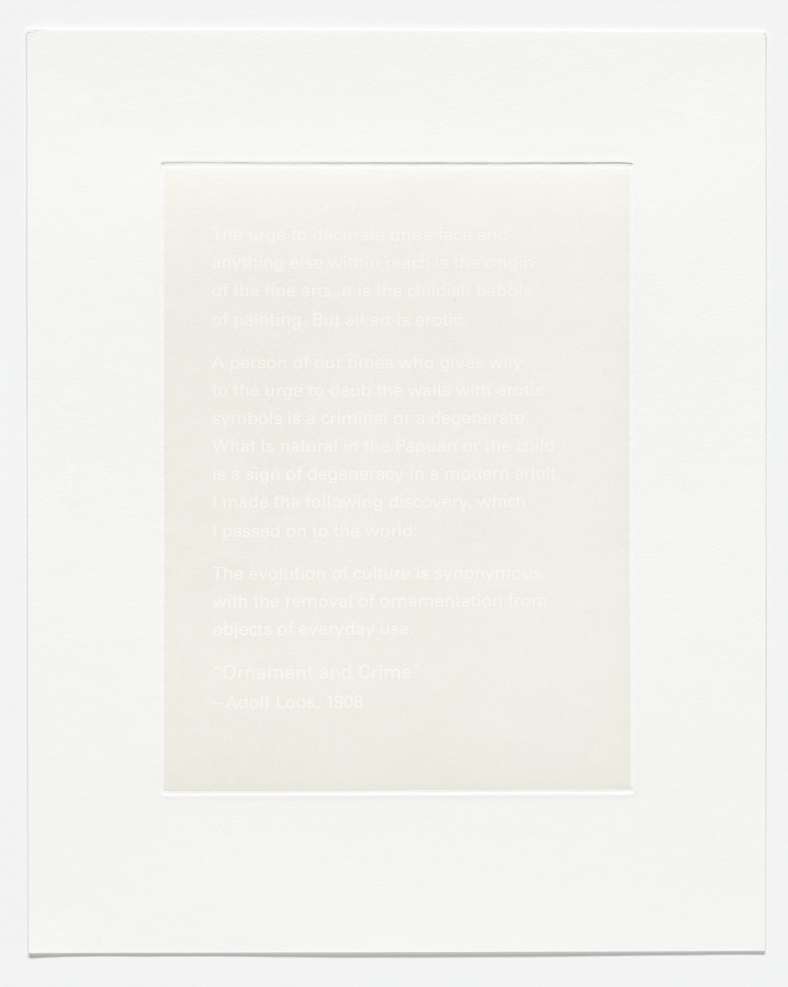 An off-white rectangular paper with faint, barely visible white text is placed within a slightly darker, white border. The text is difficult to read due to the low contrast between the text and the background. This is an AI generated description. To give feedback, email ai@moma.org.