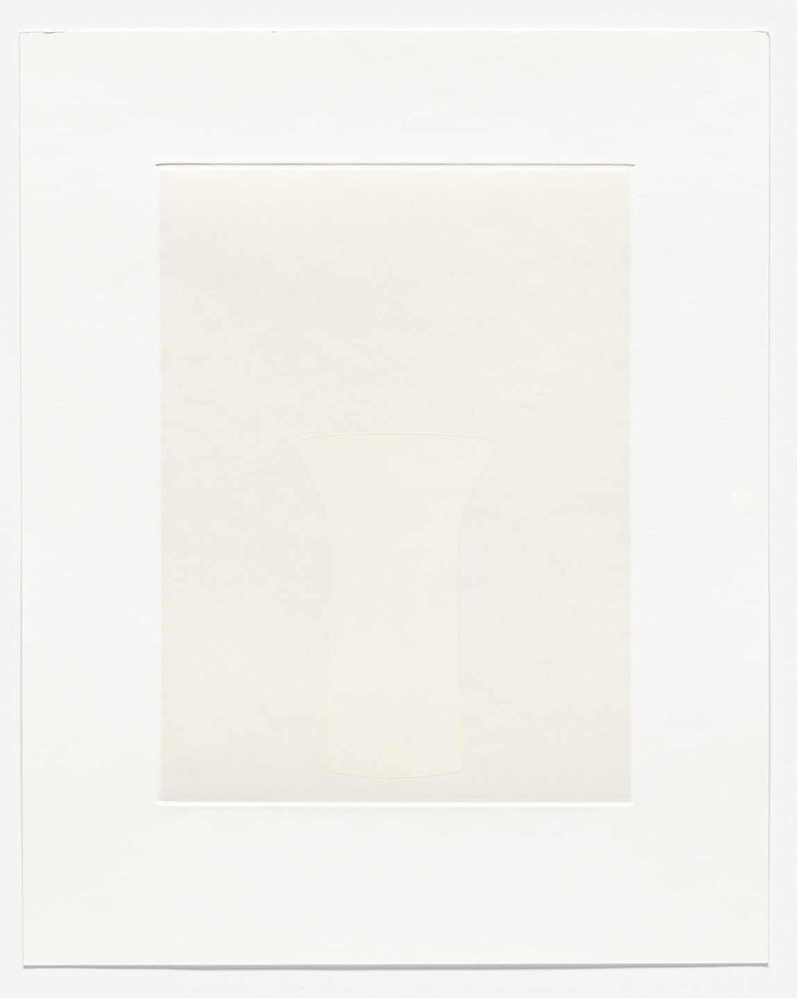 A white rectangular frame surrounds a slightly off-white rectangular canvas with a faintly visible, vertically oriented, T-shaped form in the center. The colors are predominantly shades of white and light cream. This is an AI generated description. To give feedback, email ai@moma.org.