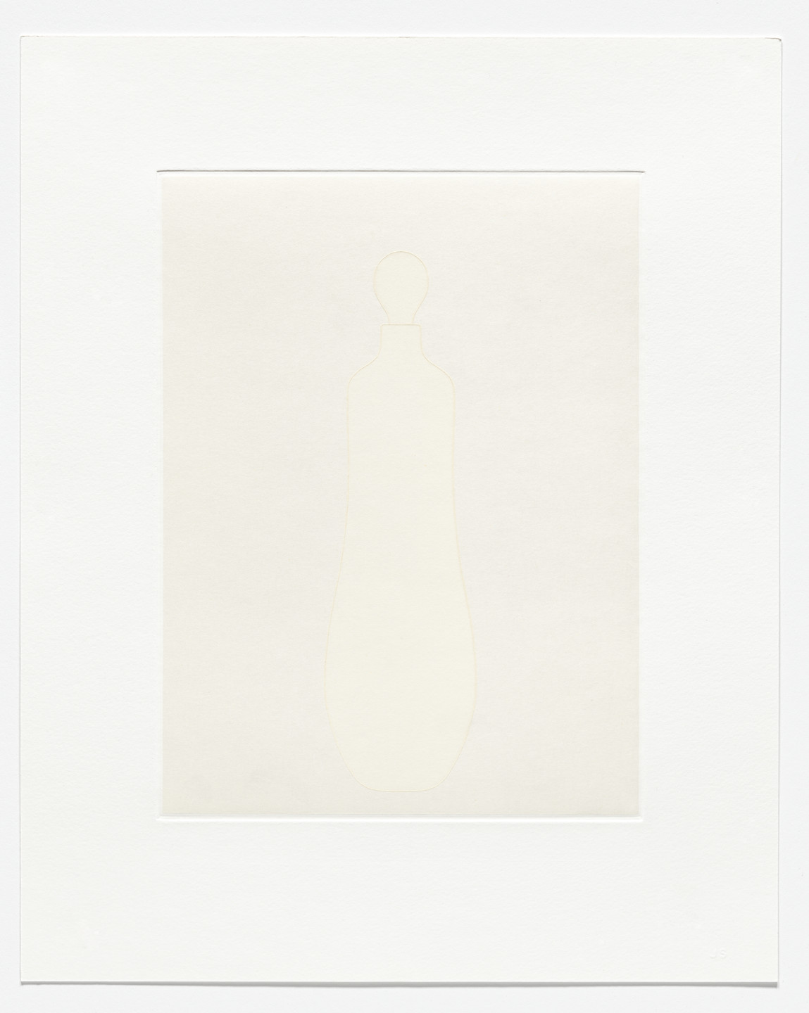 A minimalistic white image features the faint outline of a bottle with a narrow neck and round stopper in the center. The background consists of various shades of white and off-white. This is an AI generated description. To give feedback, email ai@moma.org.
