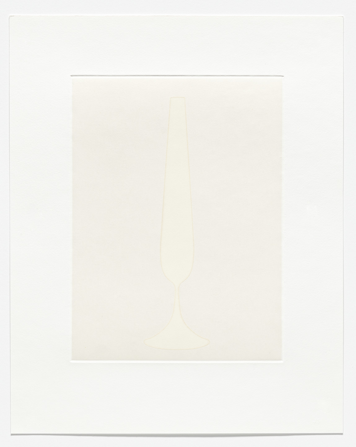 The image shows a tall, slender, light gray vase-like shape centered on an off-white background. The shape has a narrow neck and a wider base, with pale outlines barely visible. This is an AI generated description. To give feedback, email ai@moma.org.