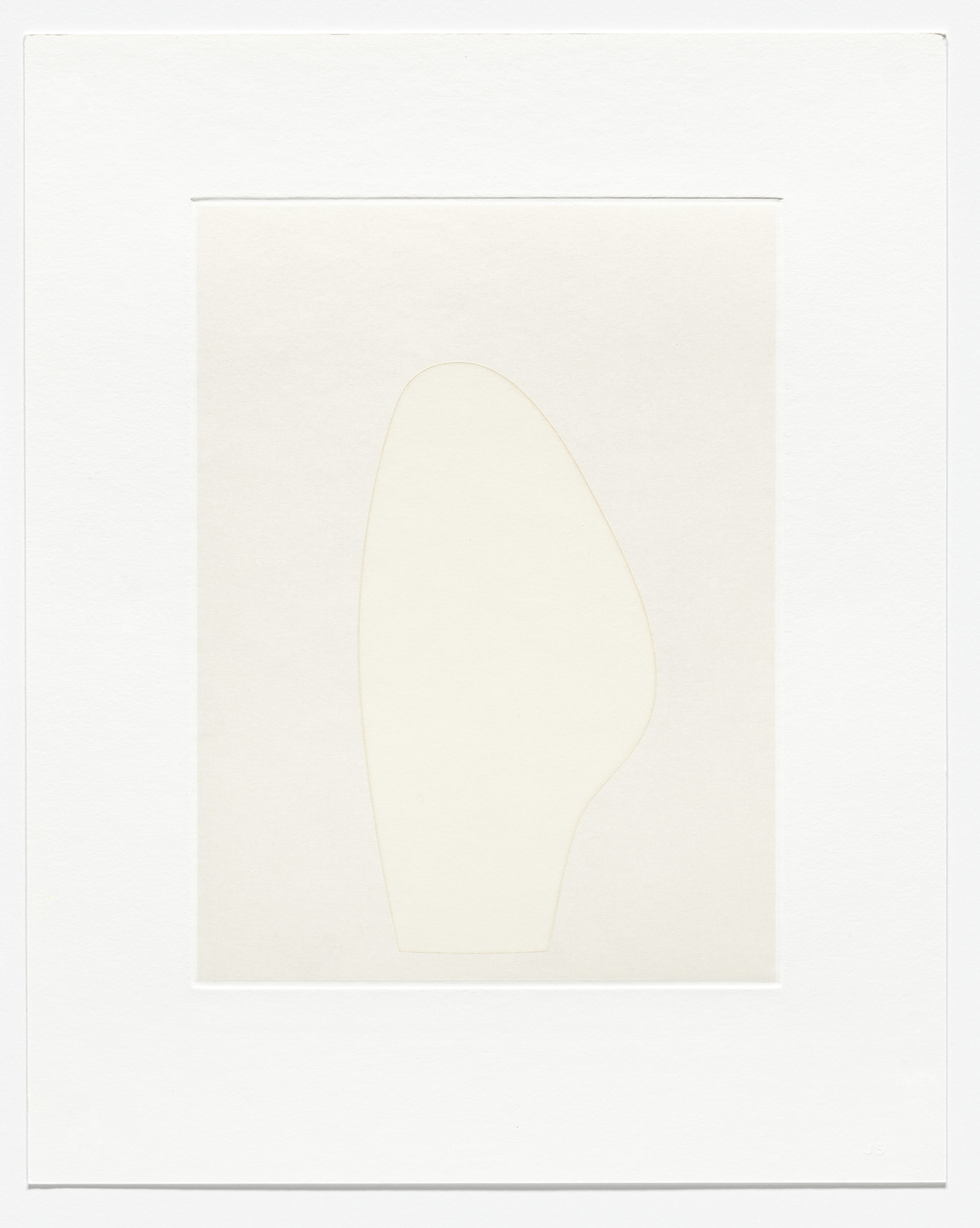 The image features a simple, elongated, white shape with a slight curve on a nearly identical white background. The entire composition is framed by a white border. This is an AI generated description. To give feedback, email ai@moma.org.