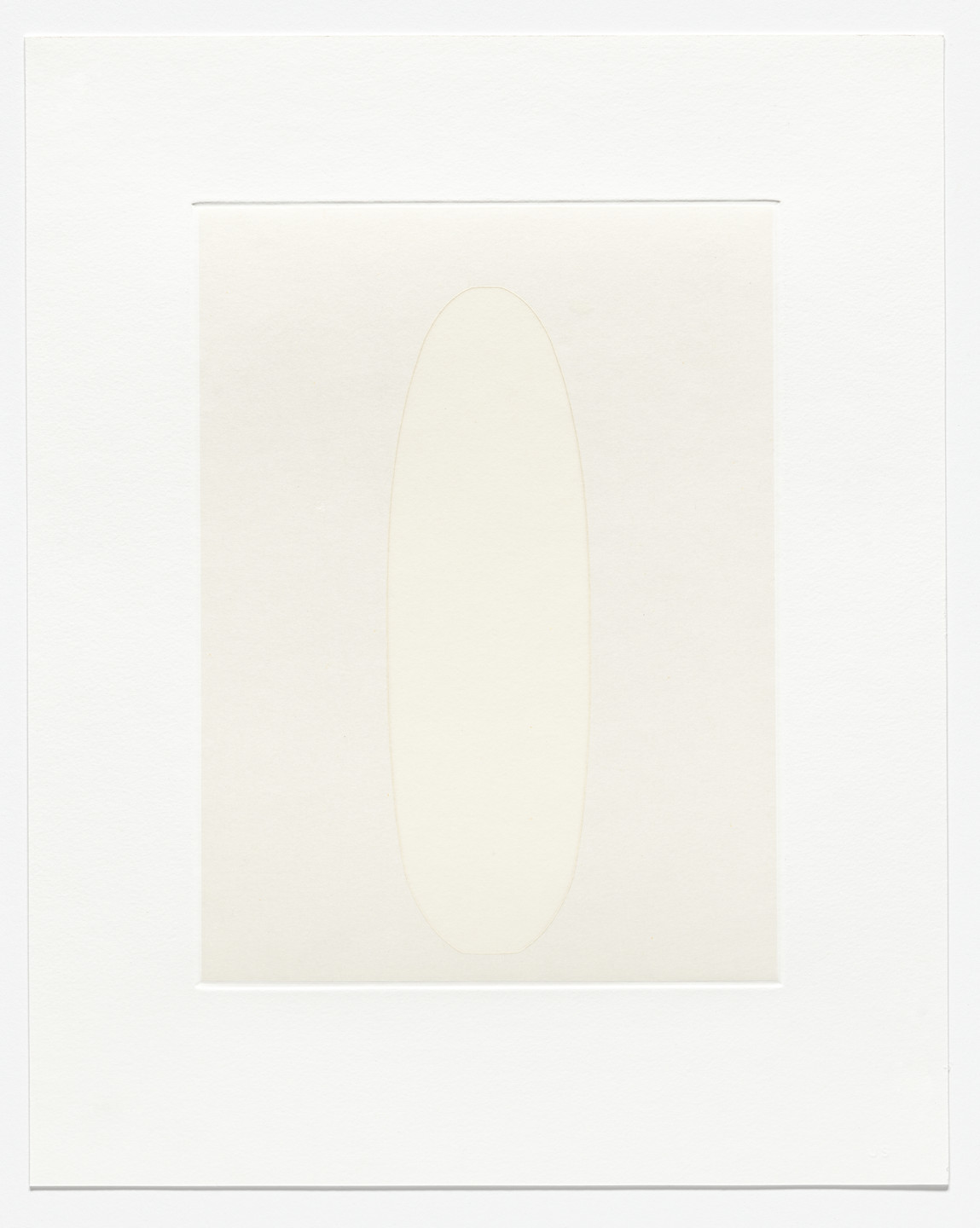 A vertical, elongated oval shape subtly outlined in light gray is centered on a pale beige background with a white border. The overall color palette is neutral and minimalist. This is an AI generated description. To give feedback, email ai@moma.org.