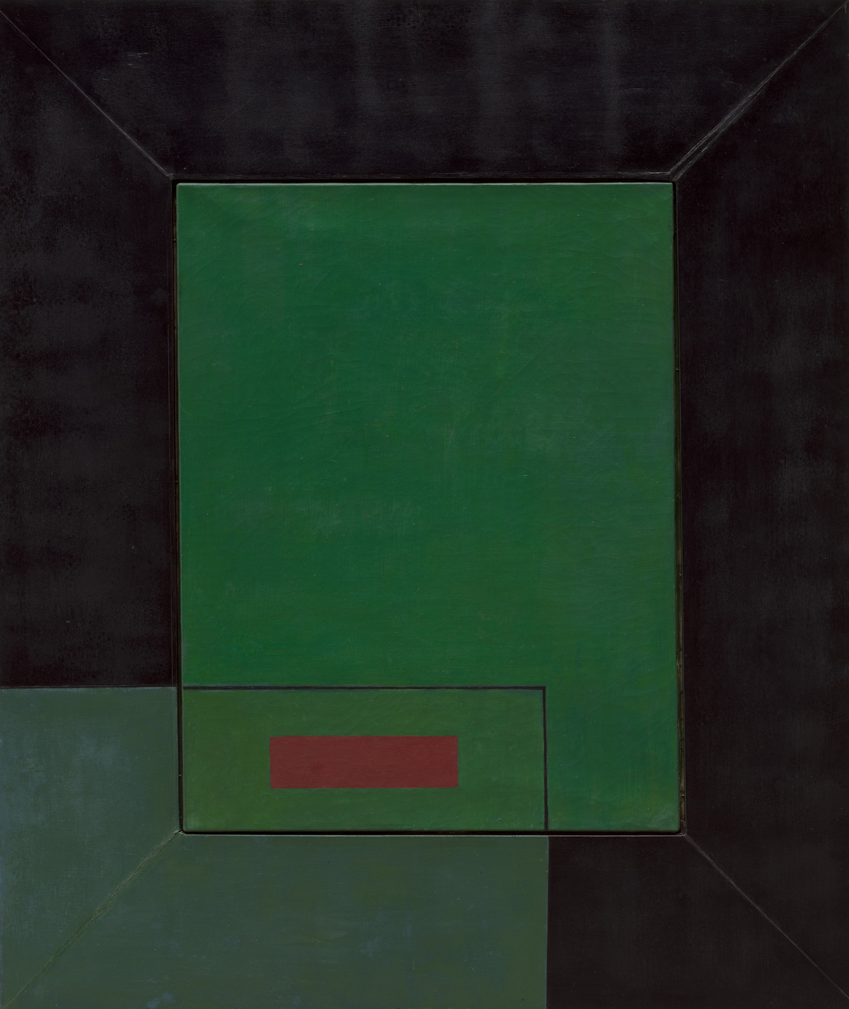 A predominantly green rectangular shape is bordered by a thick black frame, with a smaller red rectangle near the bottom. There are additional green and black sections creating a geometric pattern on the left and bottom. This is an AI generated description. To give feedback, email ai@moma.org.