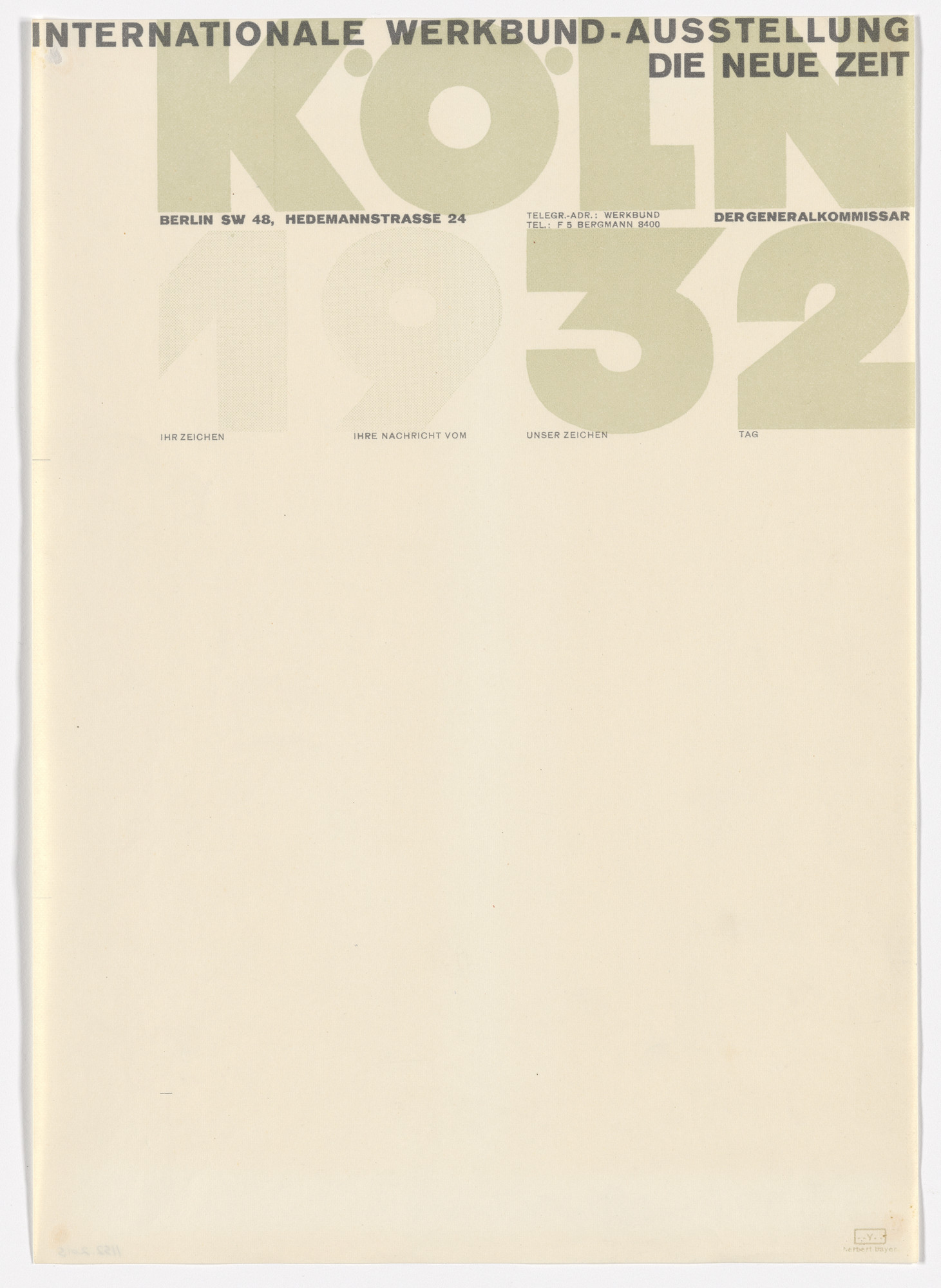 Herbert Bayer. Internationale Werkbund-Ausstellung die Neue Zeit, Köln letterhead
