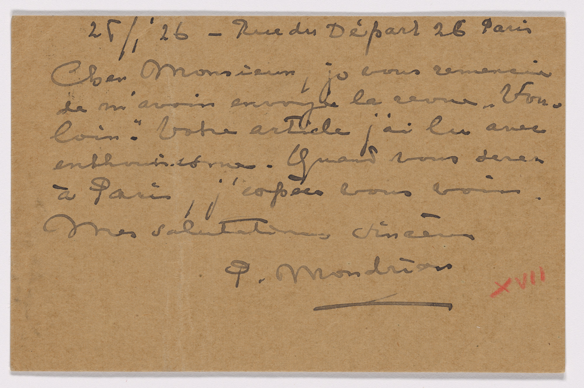 Piet Mondrian. Postcard (Addressed to A.F. Del Marle)