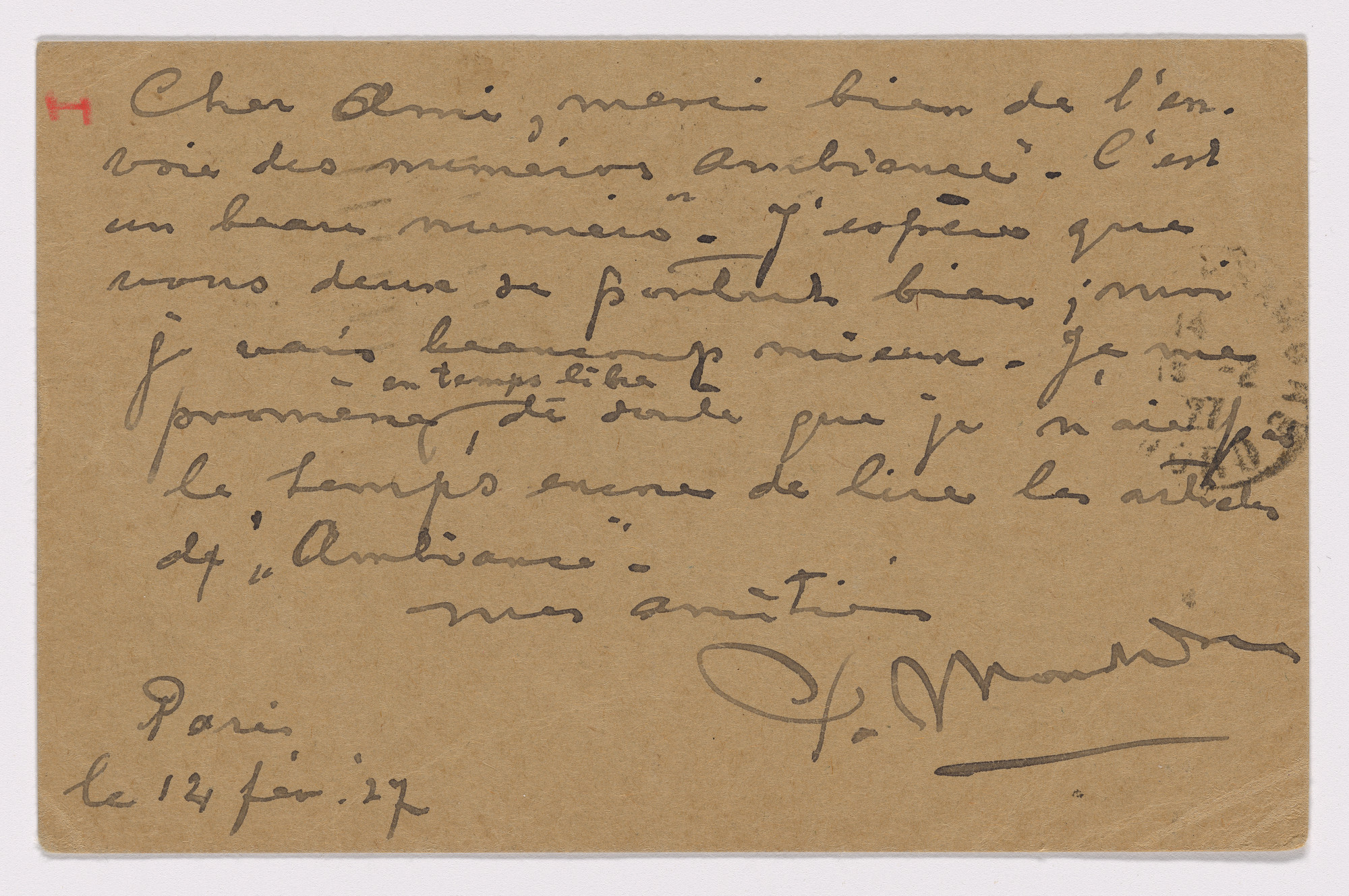 Piet Mondrian. Postcard (Addressed to A.F. Del Marle)