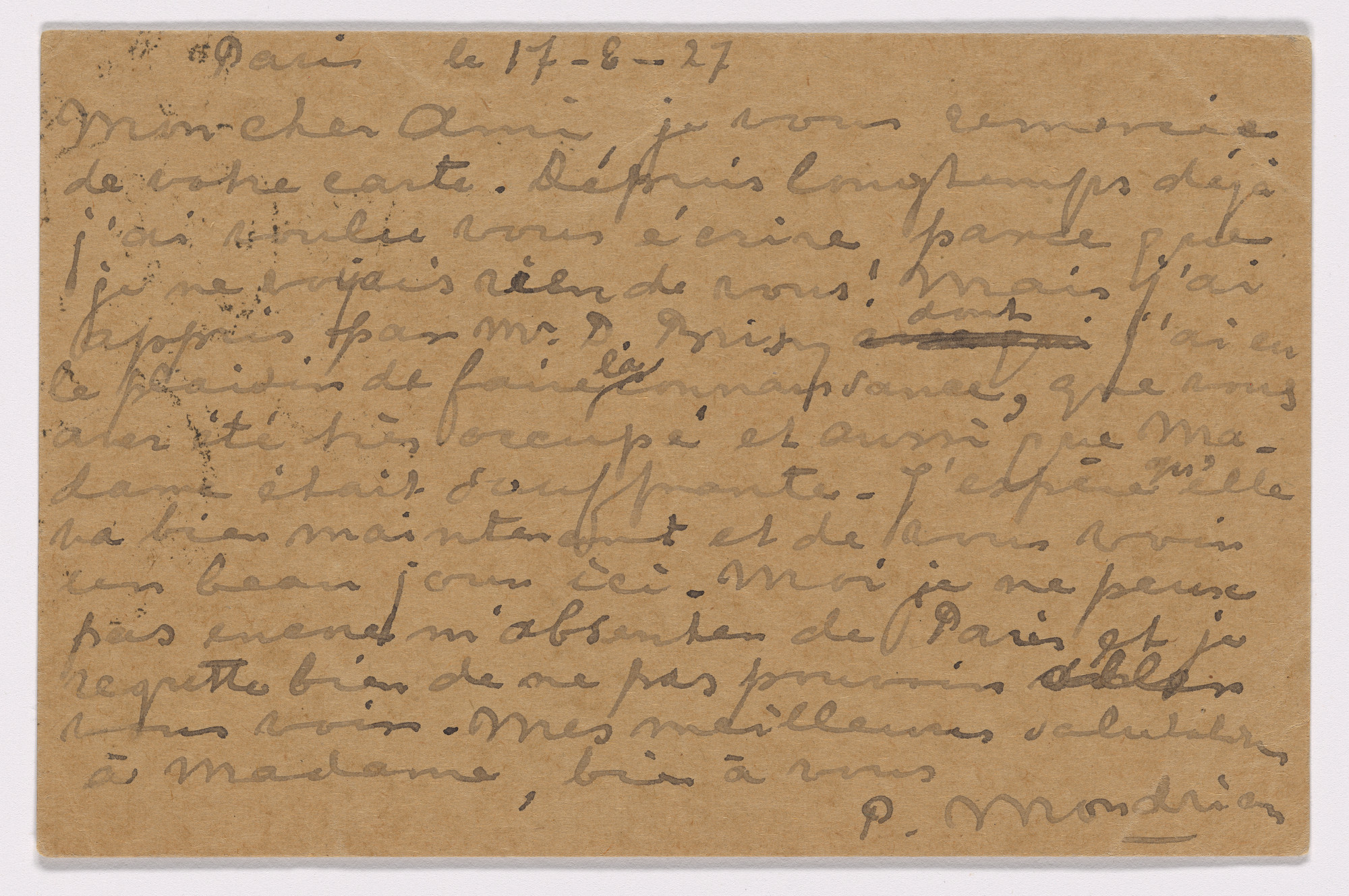 Piet Mondrian. Postcard (Addressed to A.F. Del Marle)