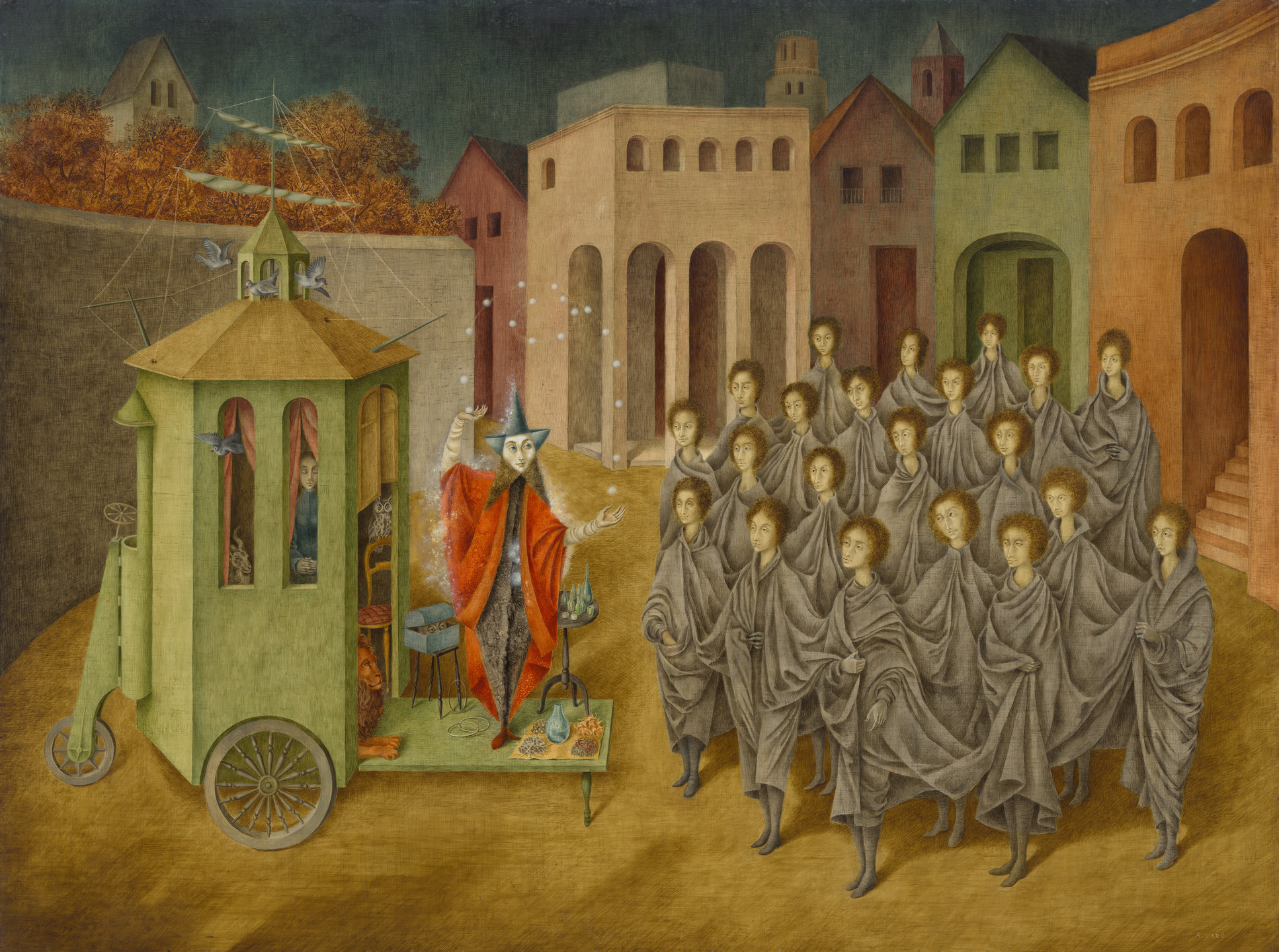 A figure in red and blue stands on a green cart surrounded by gray-cloaked individuals. The scene is set in front of multicolored buildings with a dark sky. This is an AI generated description. To give feedback, email ai@moma.org.