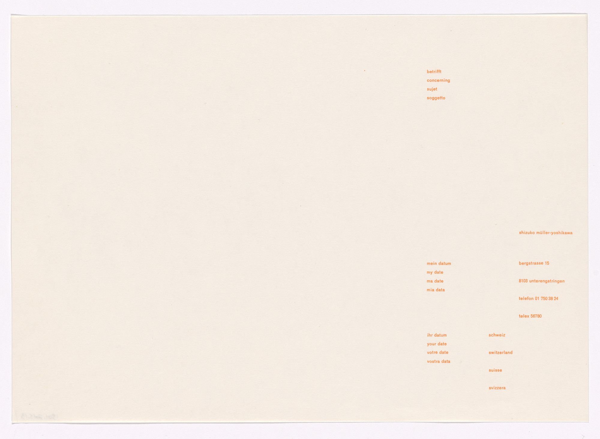 Shizuko Muller-Yoshikawa. Shizuko Muller-Yoshikawa letterhead