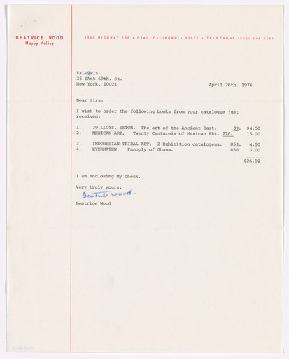 Beatrice Wood letterhead