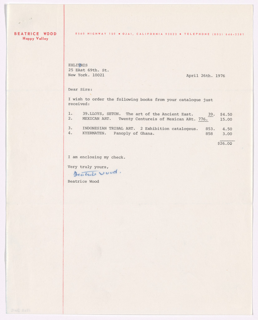 Beatrice Wood letterhead (Letter to Ex Libris)