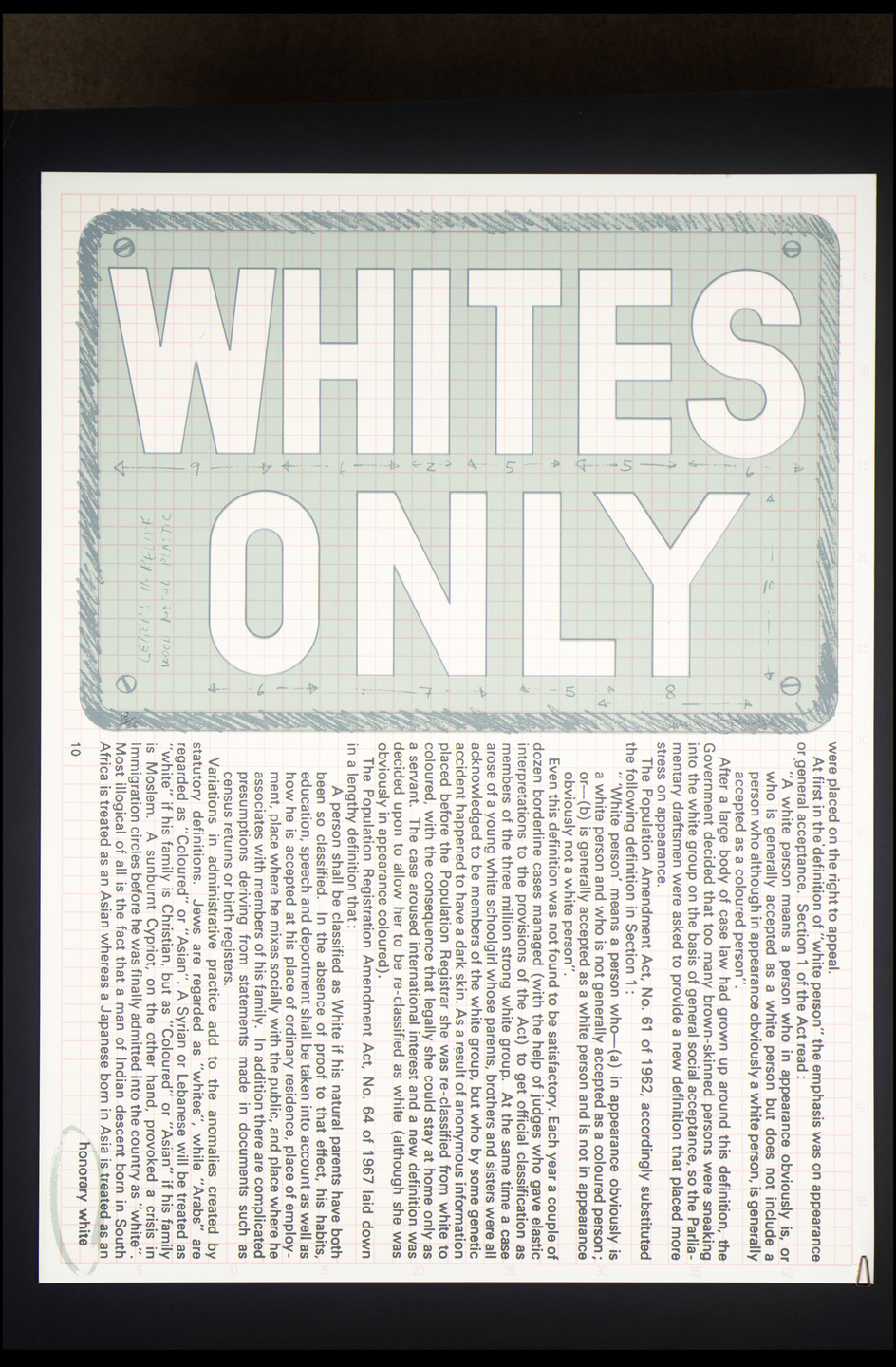 The image shows a sign with large white capital letters saying "WHITES ONLY" on a light green background resembling graph paper. Below the sign are several lines of black text on a white background, oriented sideways. This is an AI generated description. To give feedback, email ai@moma.org.