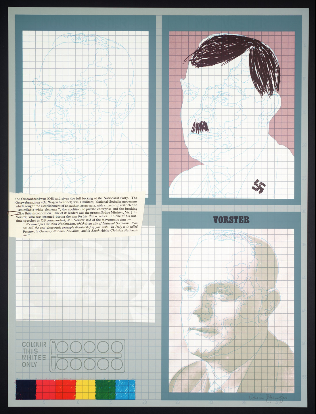 The image has three sketched portraits on graph paper; the left and right with blue sketches, and the middle with a black and white sketch on a pink background, featuring a bald head and mustache. All sketches are within turquoise borders, and there is a palette of eight colored squares at the bottom left. This is an AI generated description. To give feedback, email ai@moma.org.