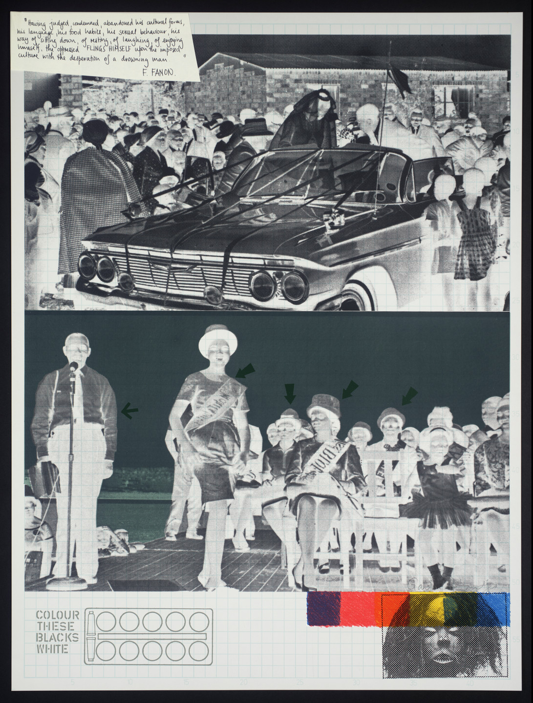 The image is a black-and-white photomontage with two major sections. The top shows people and a car, while the bottom shows people on a stage with colored sections and text below. This is an AI generated description. To give feedback, email ai@moma.org.