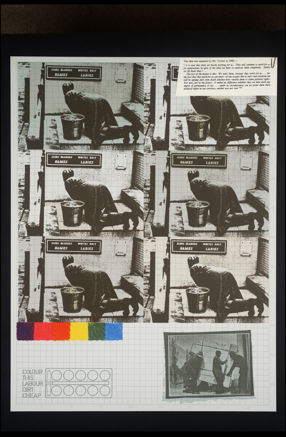 The image features four repeated black-and-white photographs of a person on hands and knees next to a bucket, with a background sign reading "NAMES LADIES" and "WHITES ONLY." Below the photos are colored rectangles in red, orange, yellow, green, and blue, and a black-and-white image of people holding a large object. This is an AI generated description. To give feedback, email ai@moma.org.