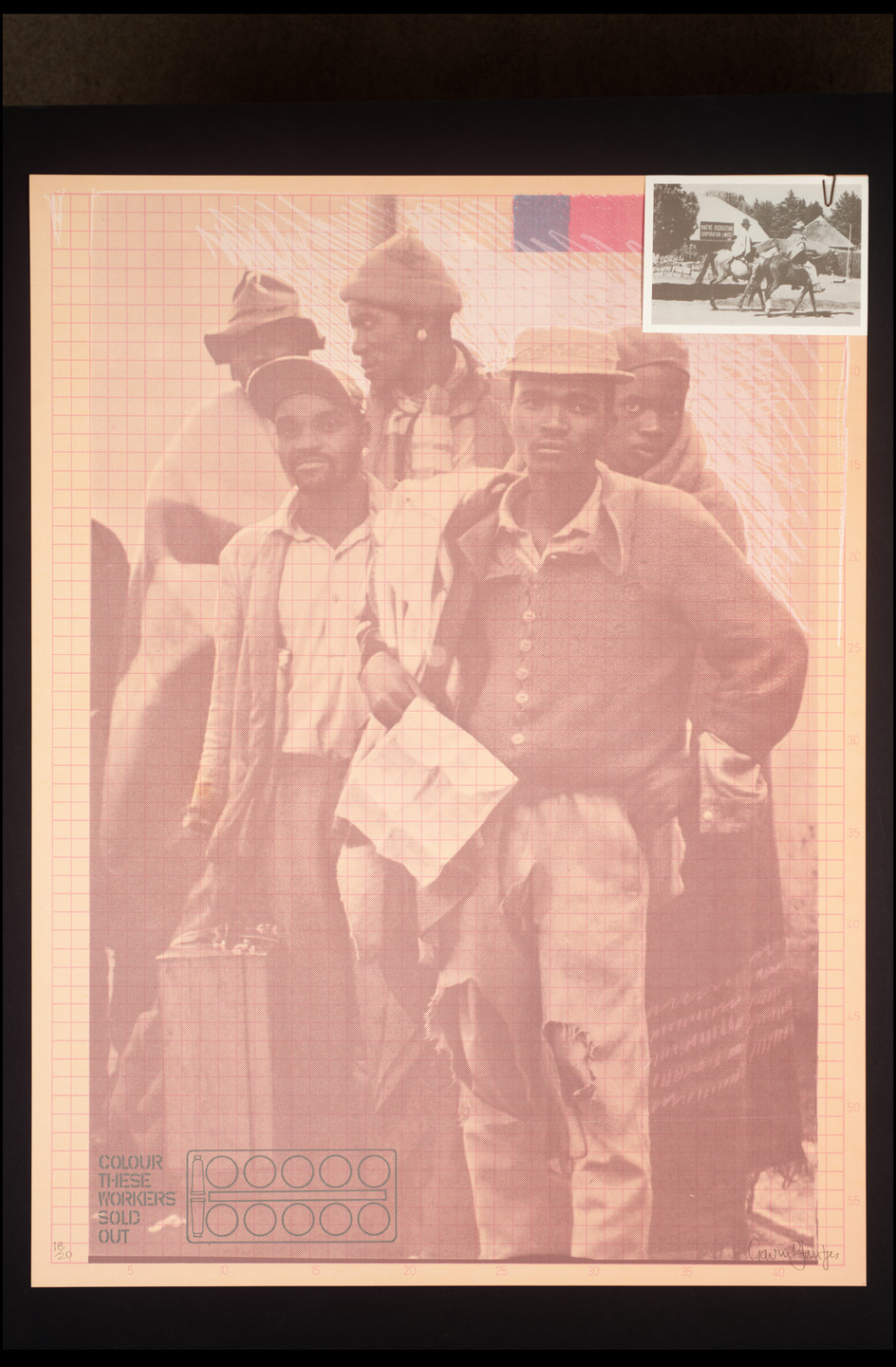 A sepia-toned image shows a group of people standing closely together. In the top right corner is a small black-and-white photo of two people riding horses. This is an AI generated description. To give feedback, email ai@moma.org.