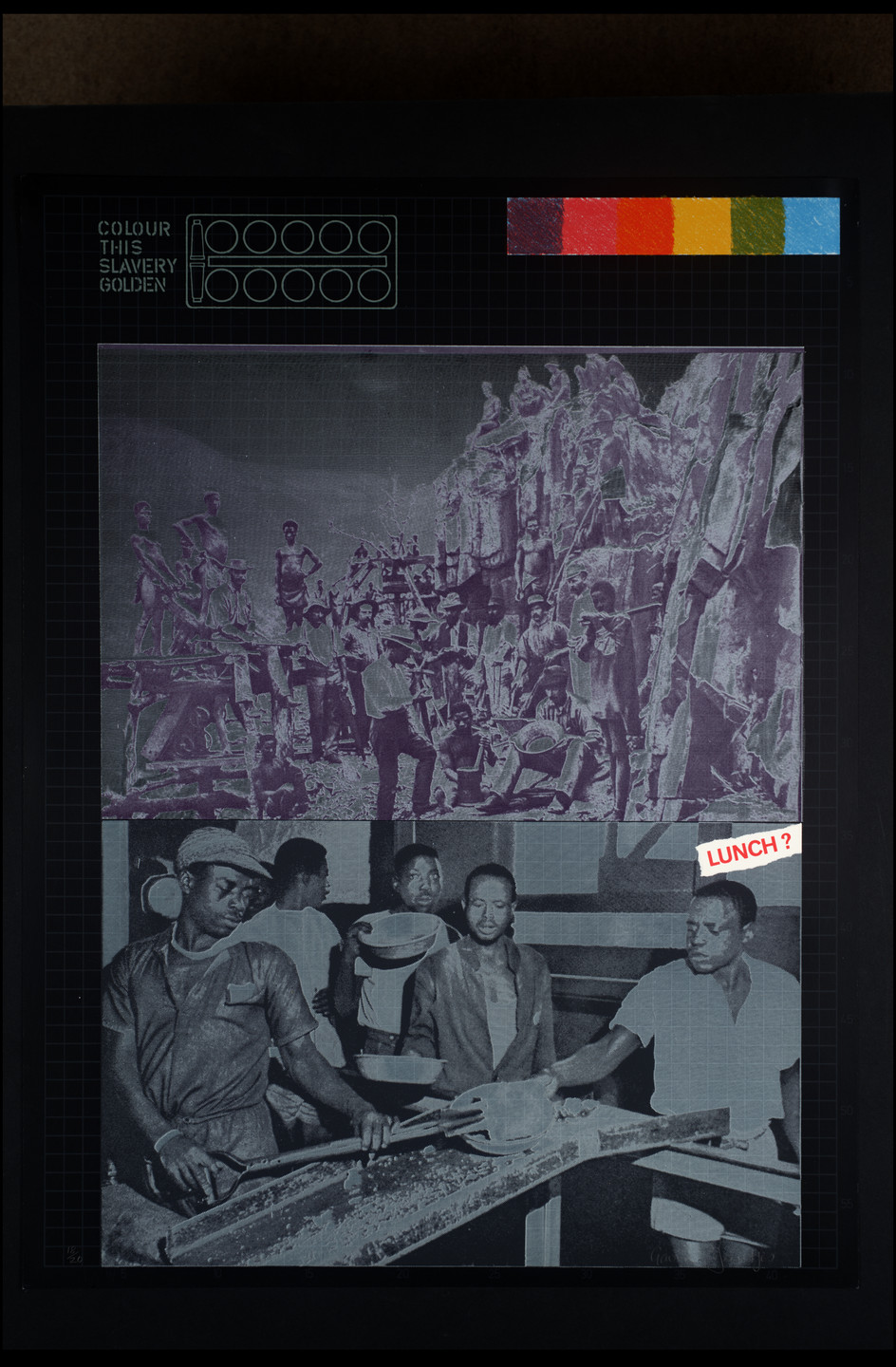 The image shows two sections: the upper part depicts many individuals working on a rocky slope, predominantly in purple hues; the lower part shows several individuals in a dining area with a "LUNCH?" label, in black and white colors. The top has a color bar with red, yellow, green, and blue segments. This is an AI generated description. To give feedback, email ai@moma.org.