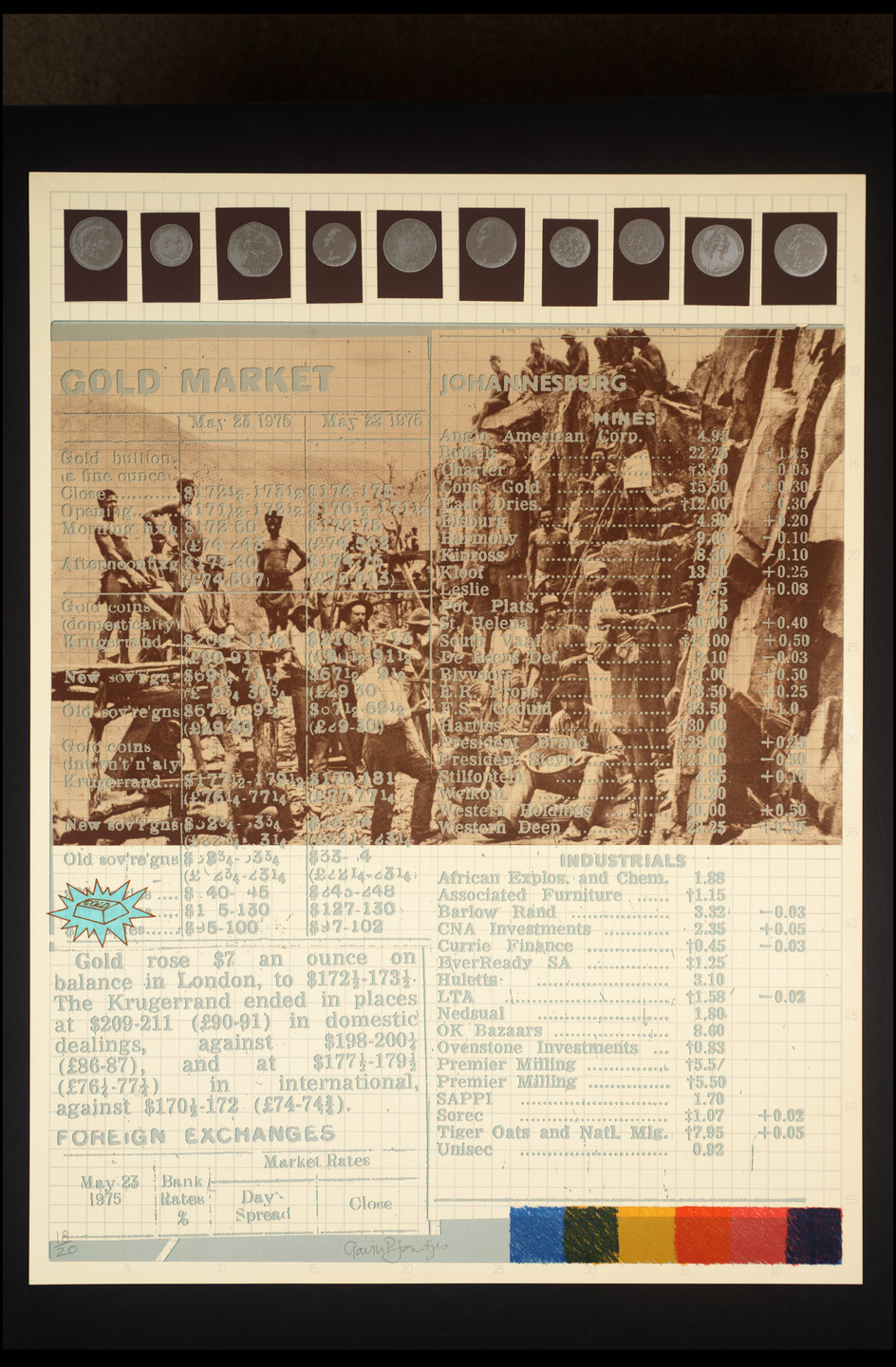 The image displays a ledger with numbers, text, and images of coins at the top. The ledger background is predominantly beige, with a sepia photograph of people and colorful swatches, including blue, green, yellow, orange, red, and black, at the bottom right. This is an AI generated description. To give feedback, email ai@moma.org.