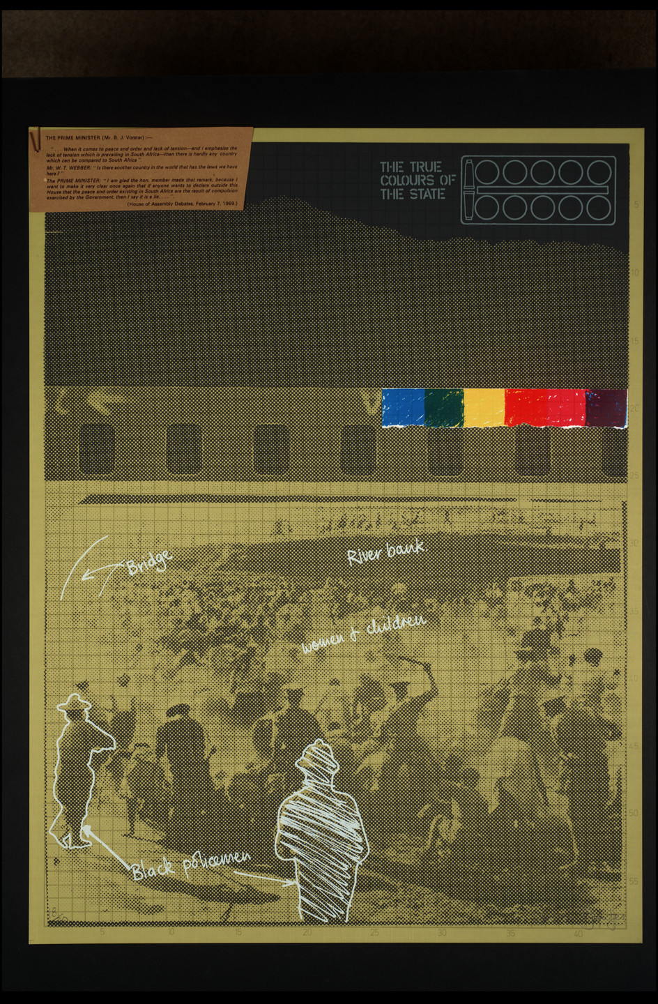 The image features a predominantly yellow and black graphic with handwritten labels pointing to a bridge, river bank, women and children, and black policemen. At the top right, there are six color swatches in blue, green, yellow, and red. This is an AI generated description. To give feedback, email ai@moma.org.