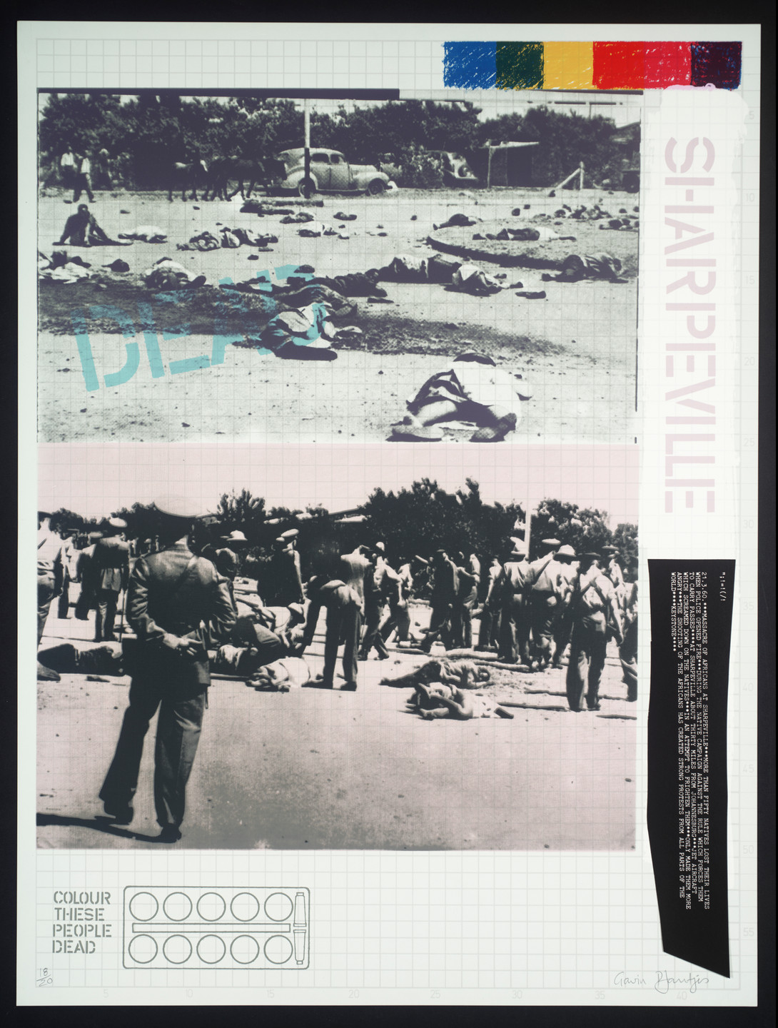 The image shows two black and white photos of a scene with numerous people lying on the ground, surrounded by others standing. The background features trees and a parked car, with the word "SHARPEVILLE" on the right and color swatches (blue, green, yellow, red) above. This is an AI generated description. To give feedback, email ai@moma.org.