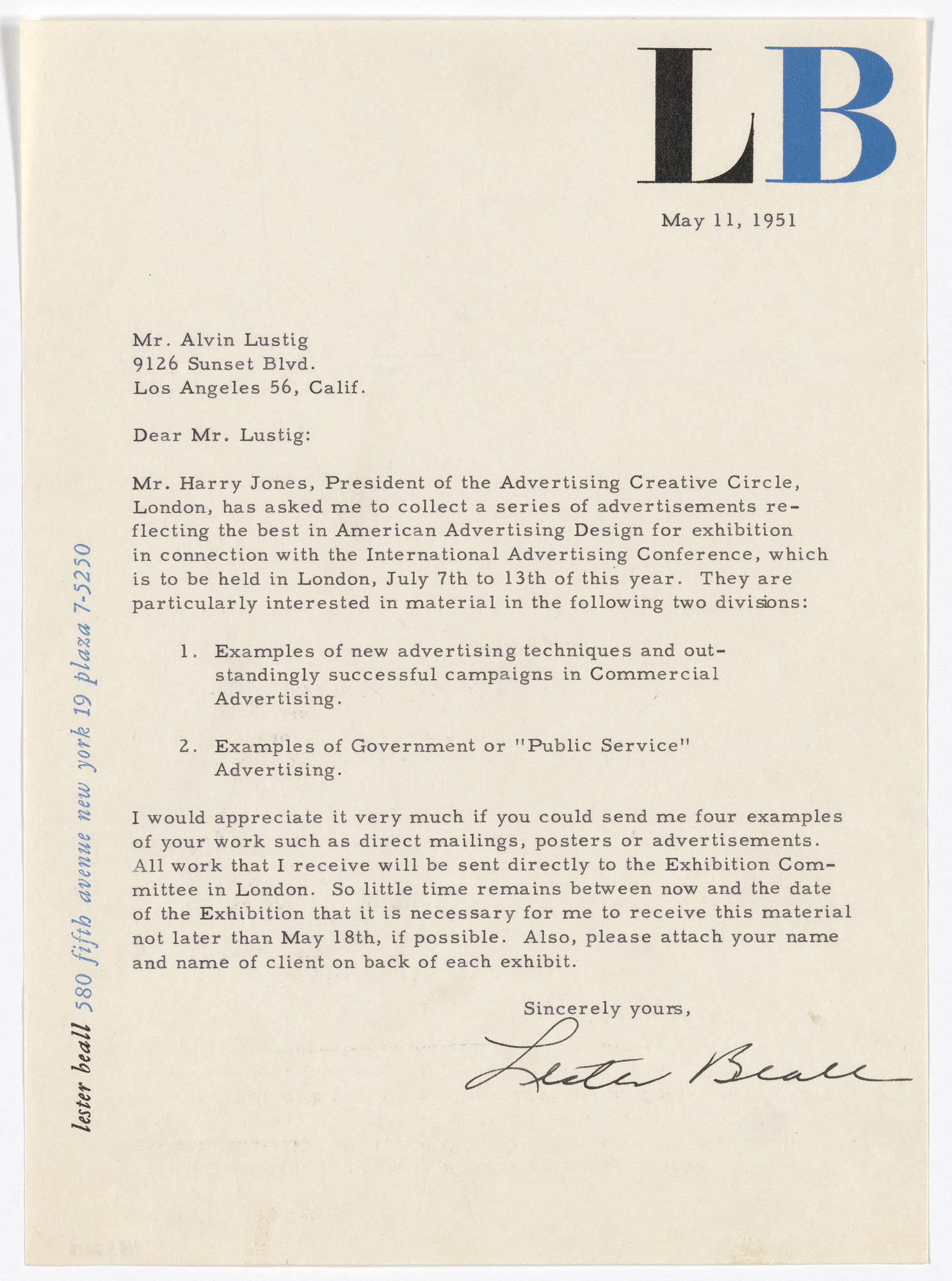 Lester Beall. Lester Beall letterhead (Letter to Alvin Lustig)