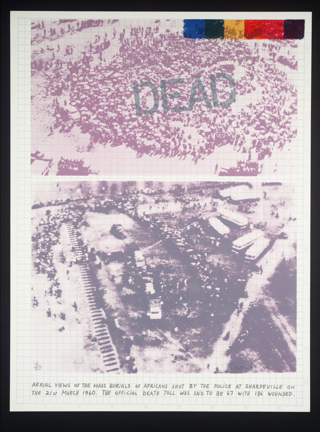 The image features two aerial photos with large crowds, primarily in purple tones. The top photo has the word "DEAD" in large gray letters and there are color swatches of blue, green, yellow, and red at the top. This is an AI generated description. To give feedback, email ai@moma.org.