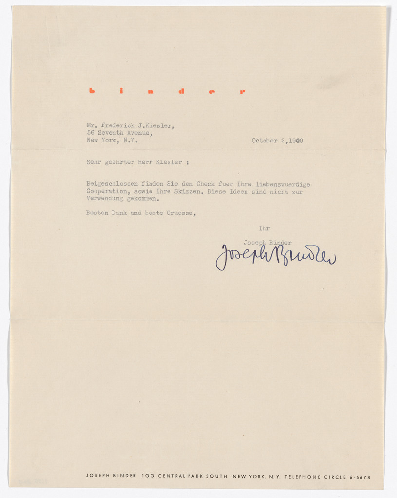 Joseph Binder letterhead (Letter to Frederick Kiesler)